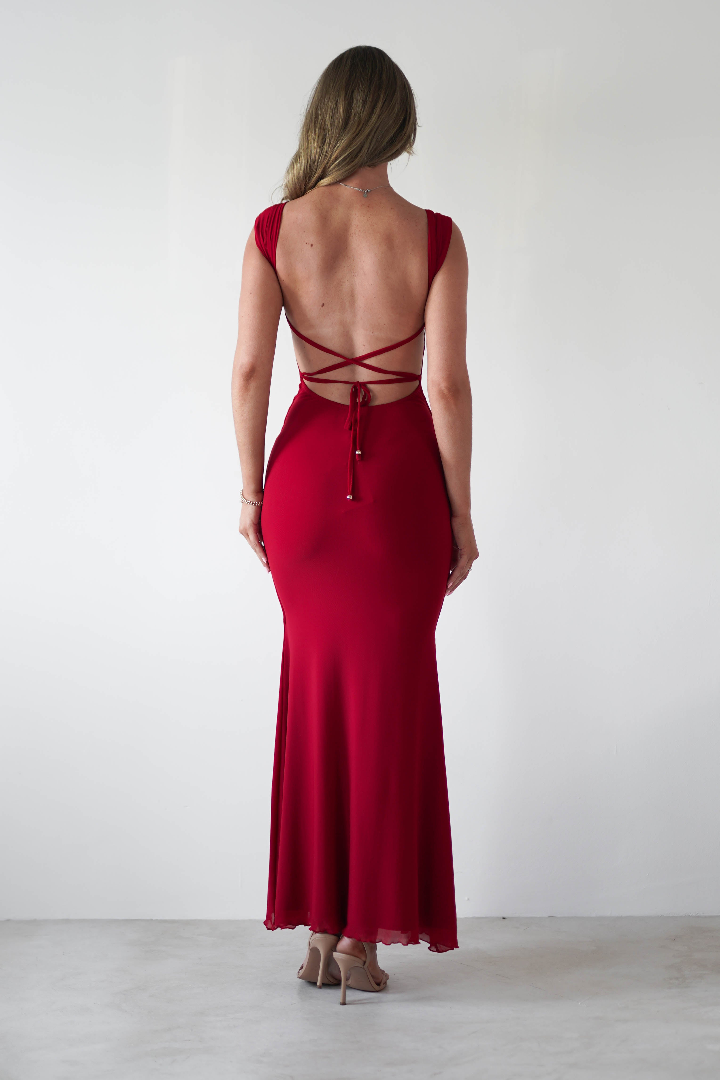 Sky Stretchy Mesh Backless Maxi Dress | Dark Red