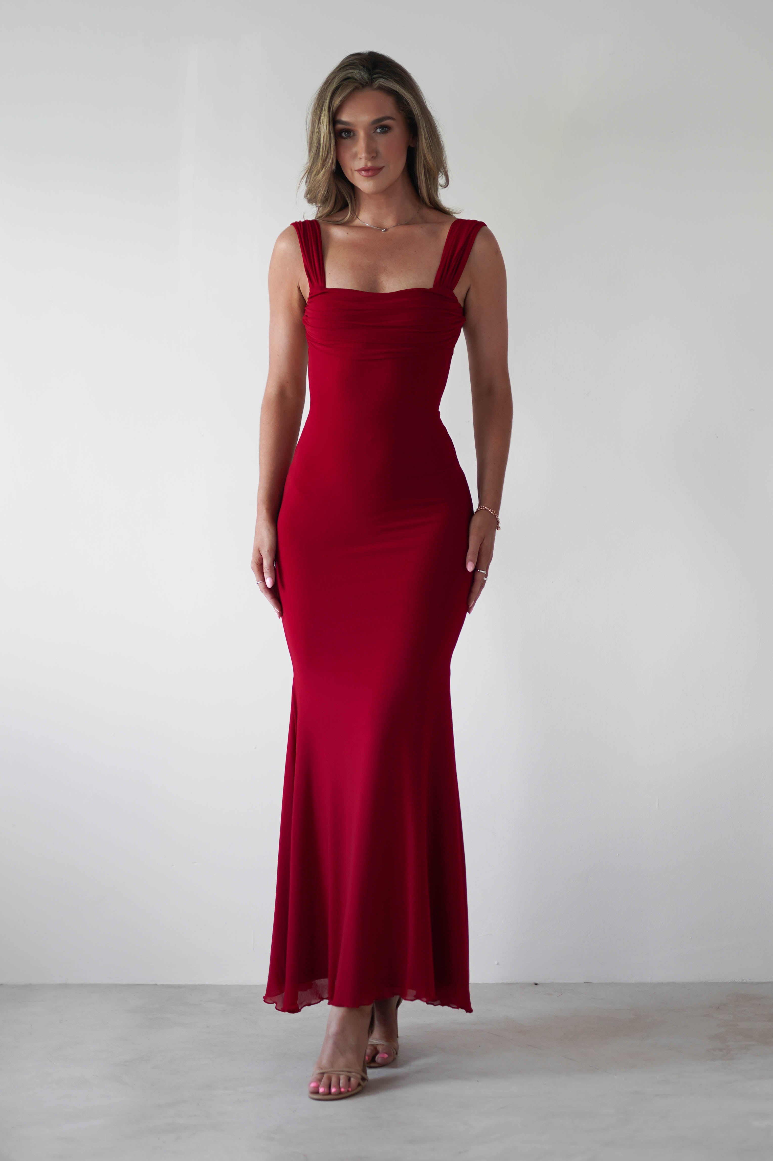 Sky Stretchy Mesh Backless Maxi Dress | Dark Red