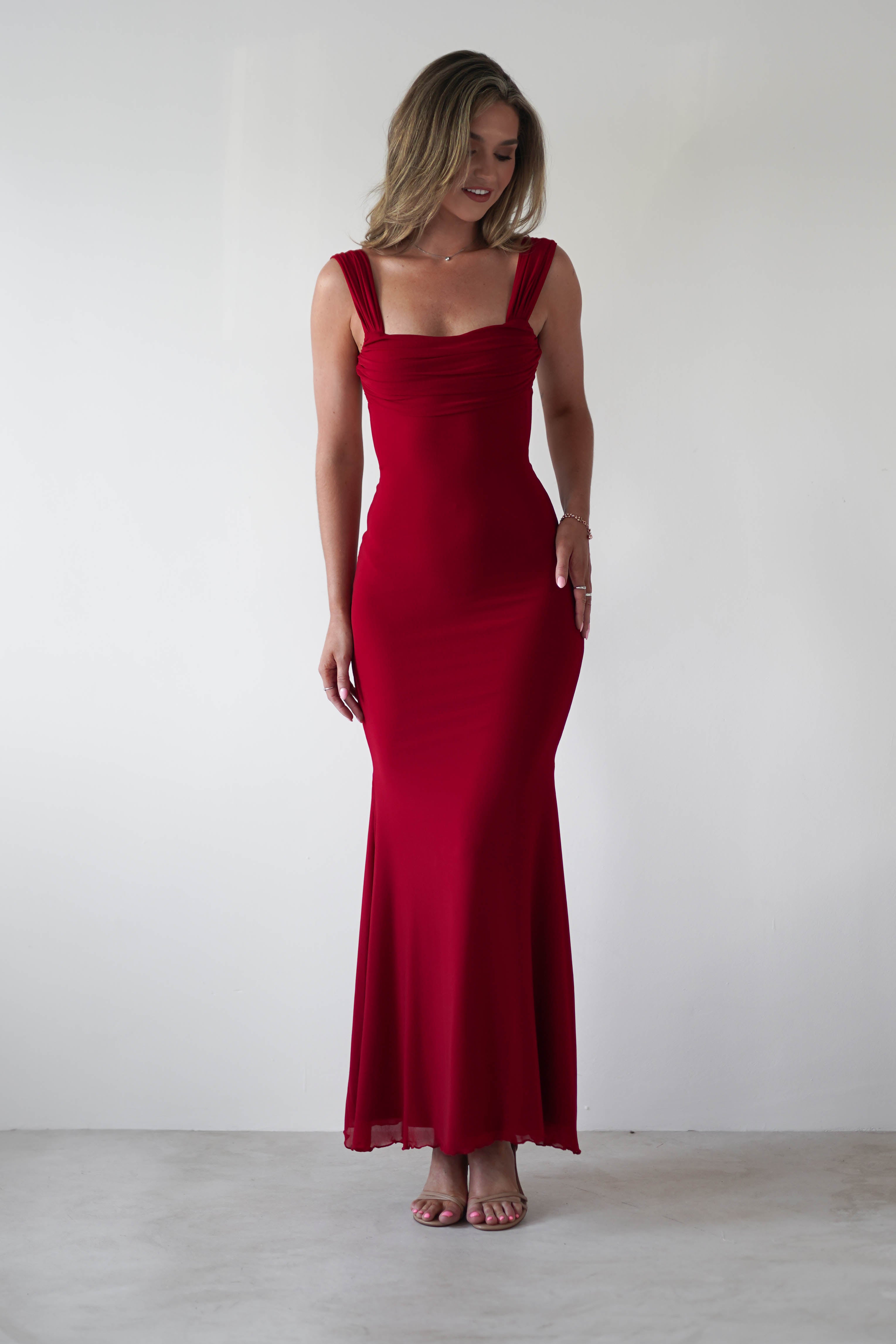 Sky Stretchy Mesh Backless Maxi Dress | Dark Red
