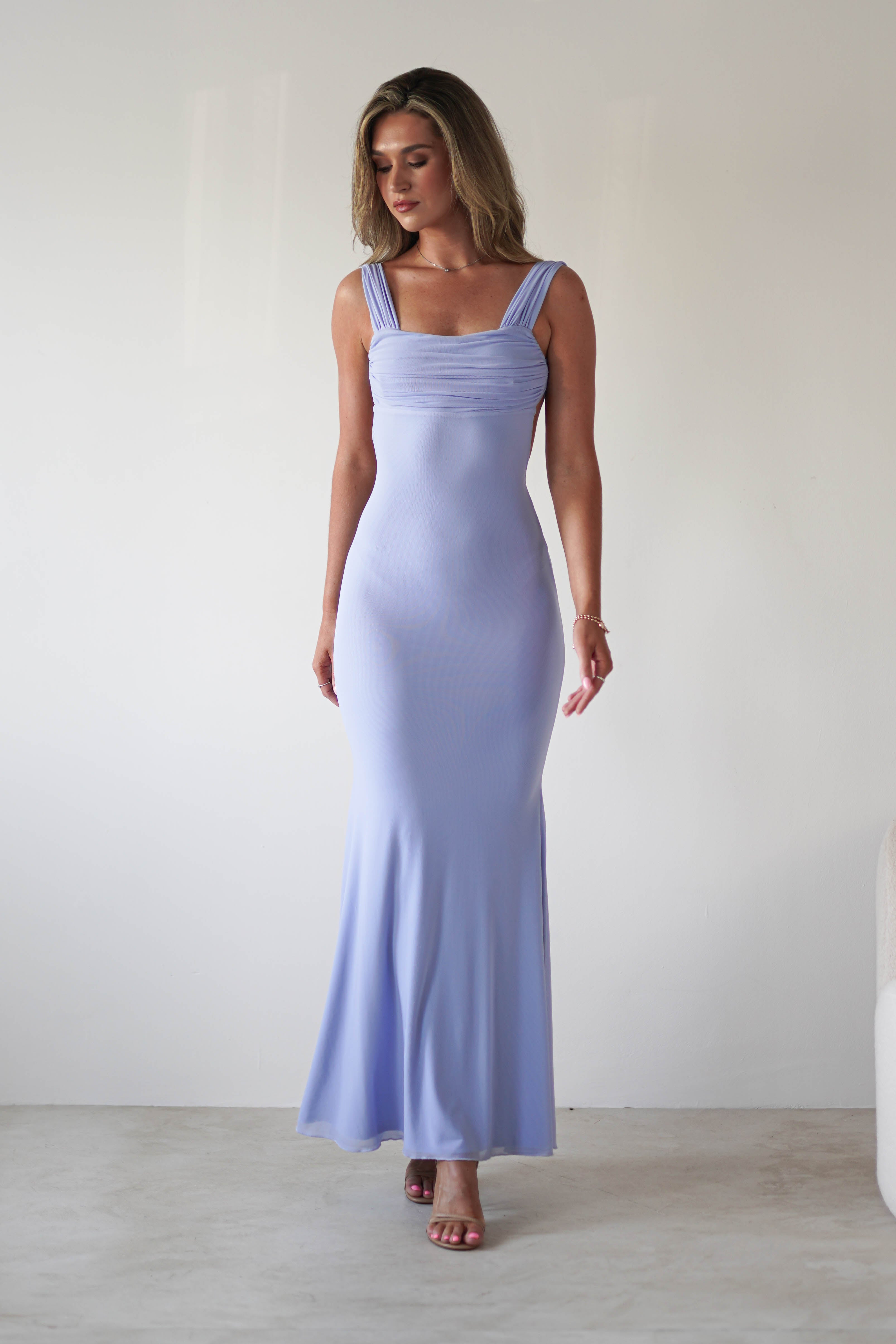 Sky Stretchy Mesh Backless Maxi Dress | Dusty Blue - Oh Hello Clothing