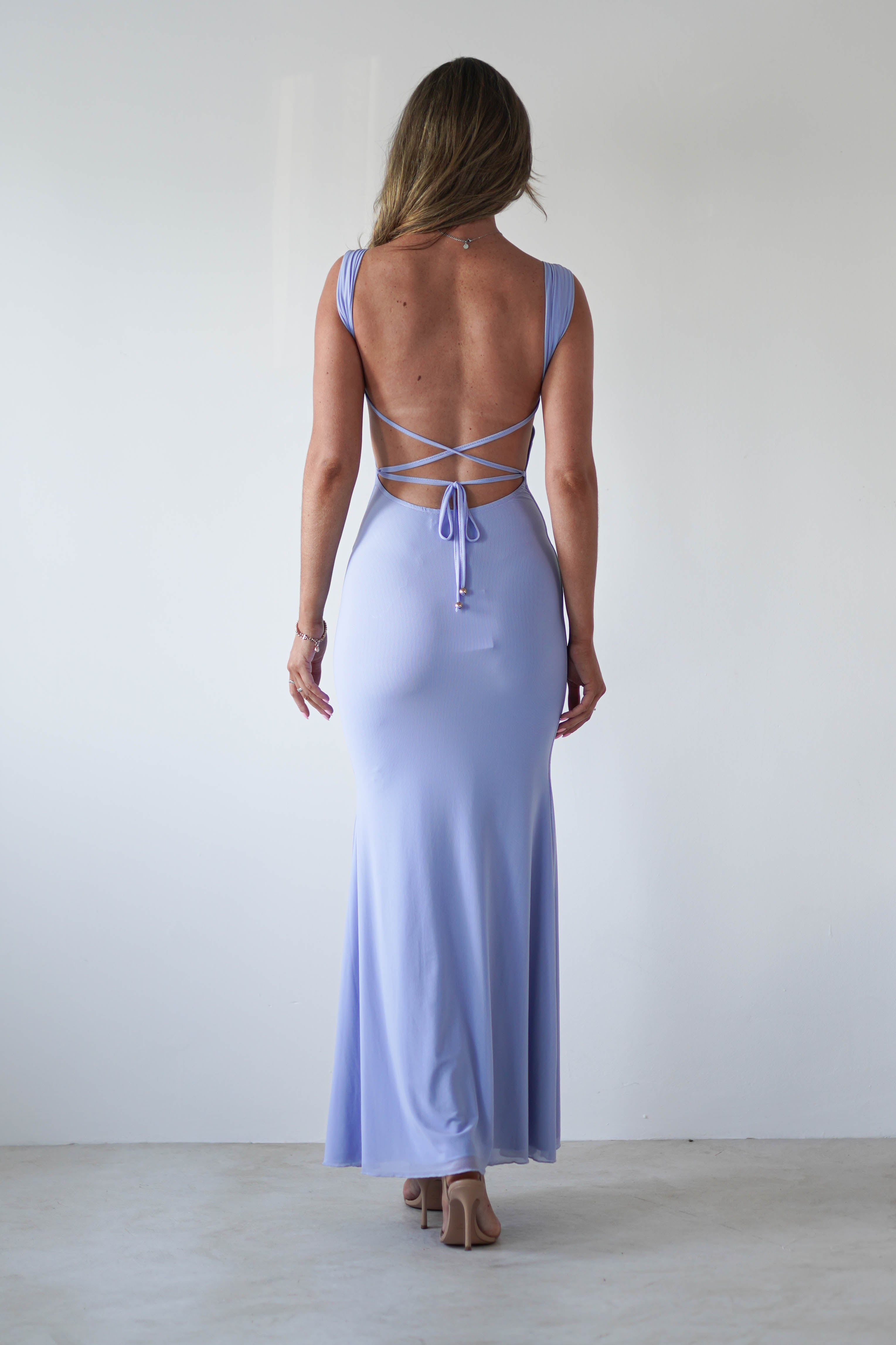 Sky Stretchy Mesh Backless Maxi Dress | Dusty Blue - Oh Hello Clothing