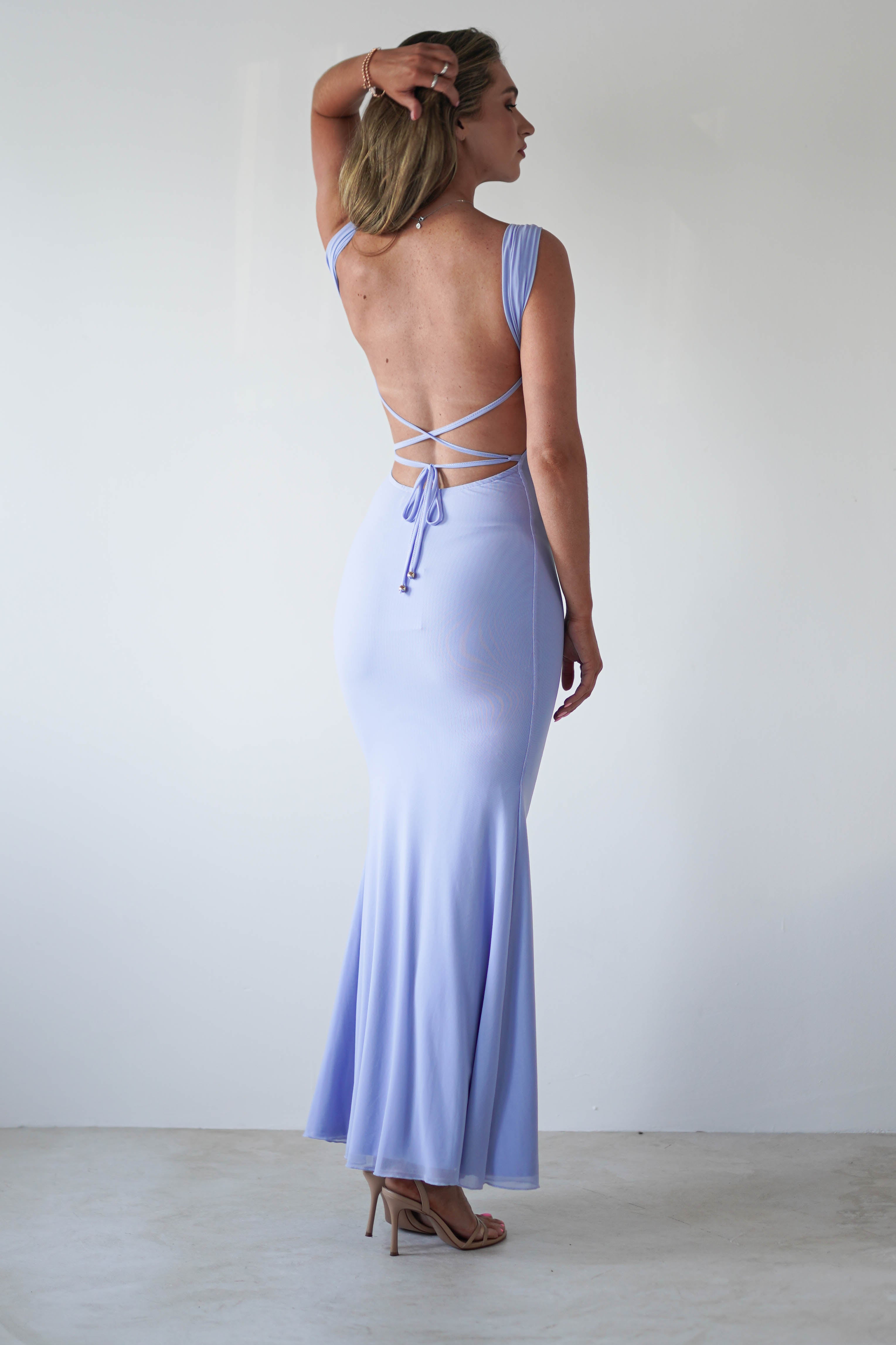 Sky Stretchy Mesh Backless Maxi Dress | Dusty Blue - Oh Hello Clothing