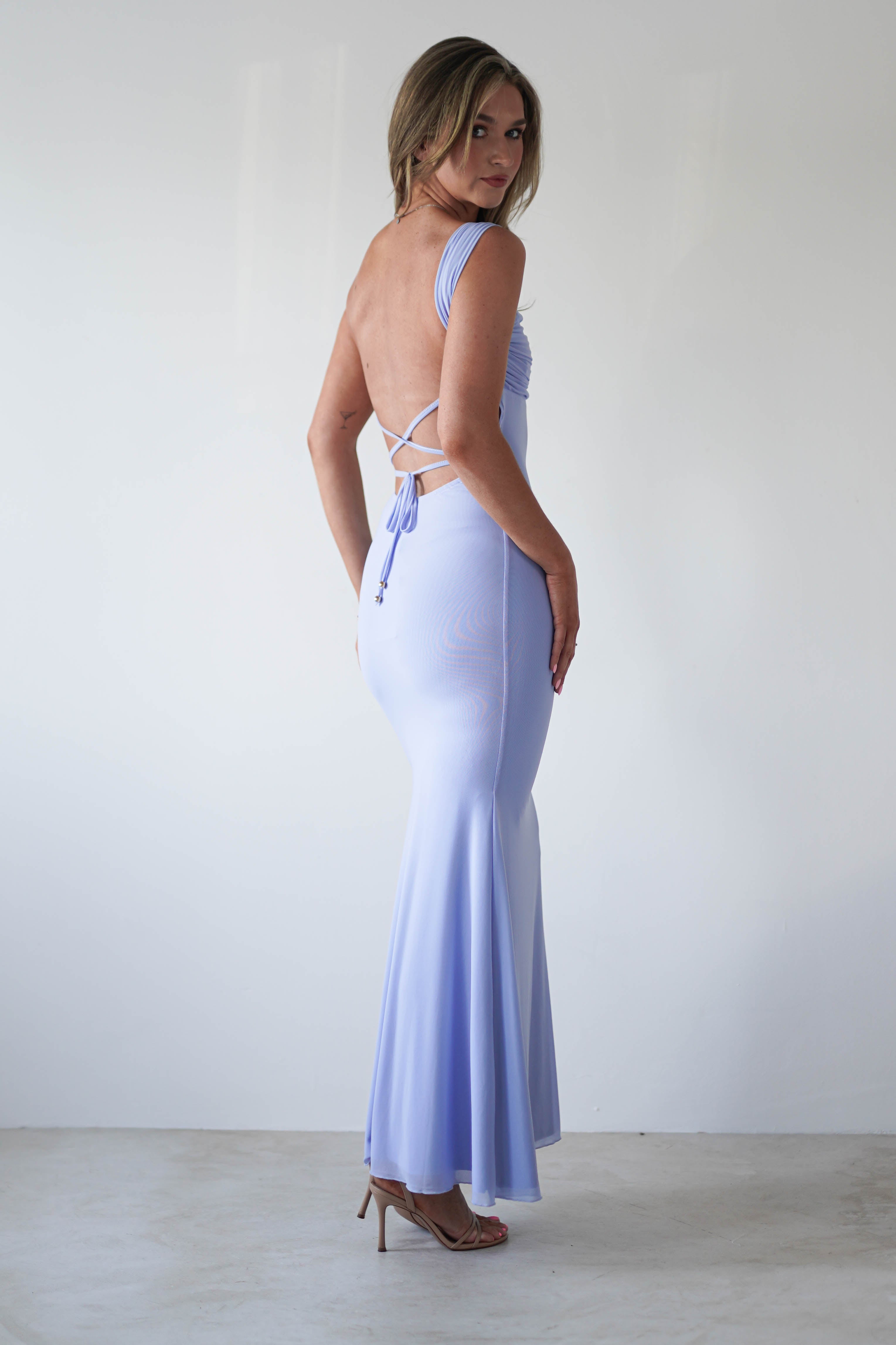 Sky Stretchy Mesh Backless Maxi Dress | Dusty Blue - Oh Hello Clothing