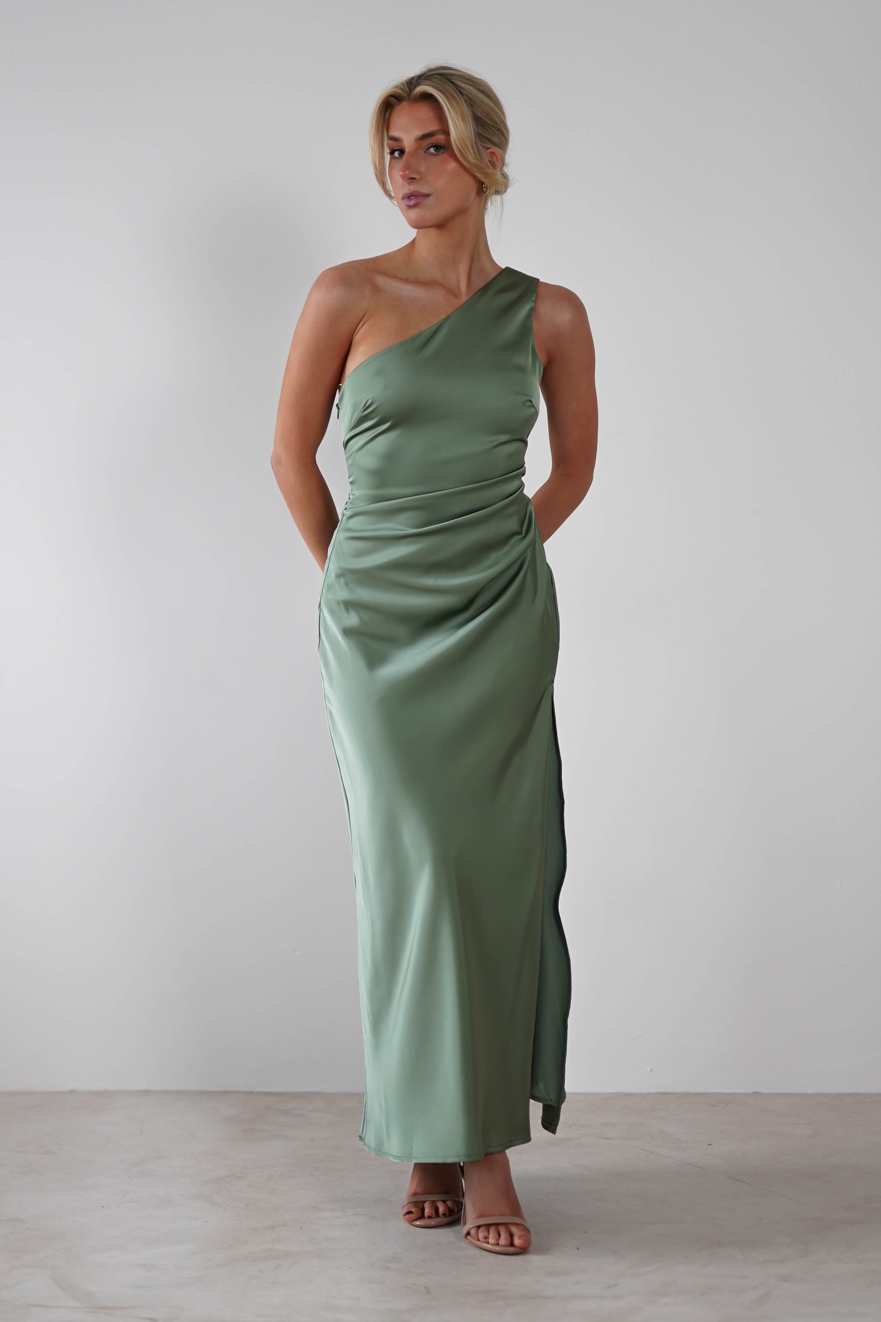 Meera Soft Matte Satin Midaxi Dress | Olive - Oh Hello Clothing