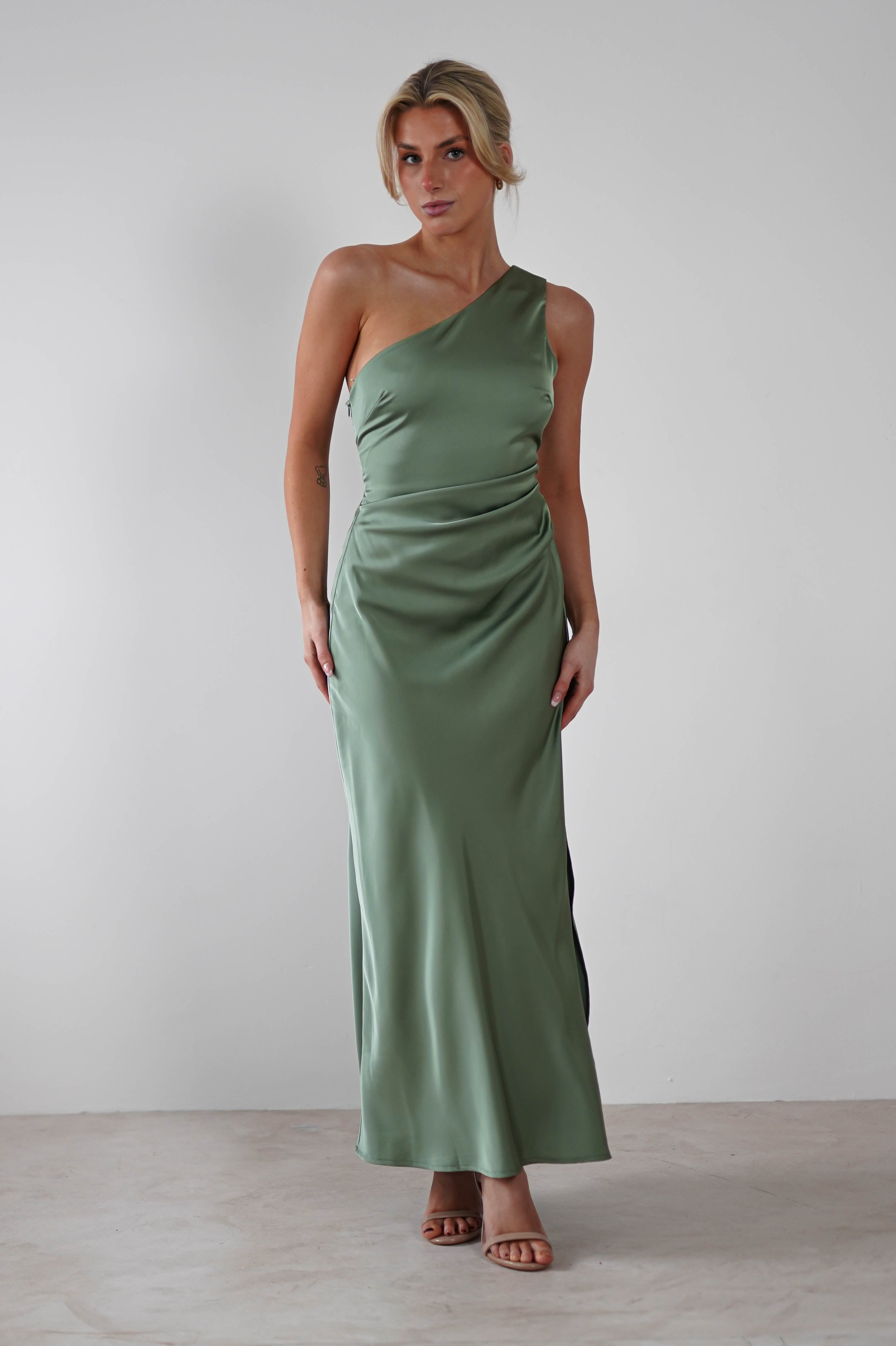 Meera Soft Matte Satin Midaxi Dress | Olive - Oh Hello Clothing