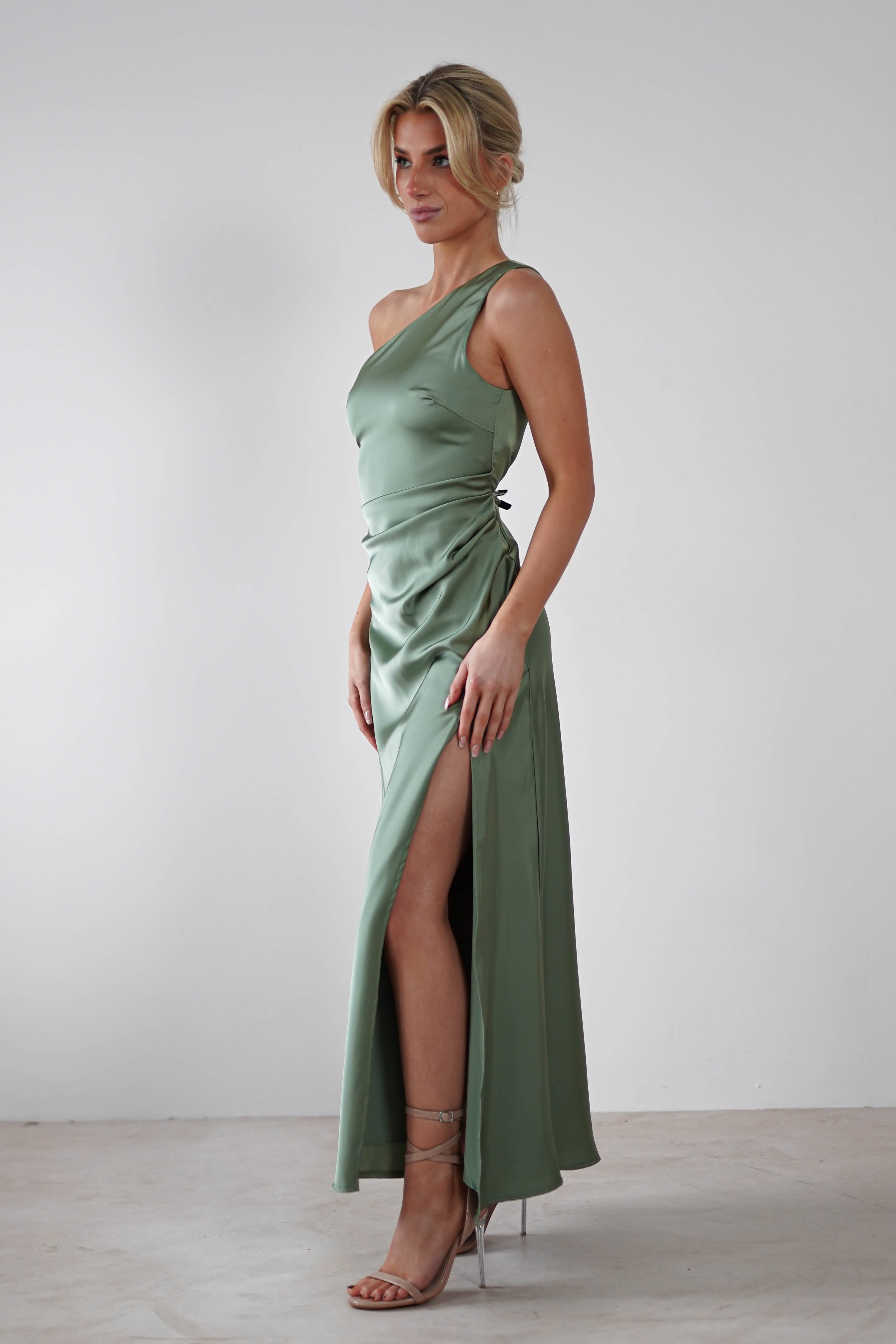 Meera Soft Matte Satin Midaxi Dress | Olive - Oh Hello Clothing