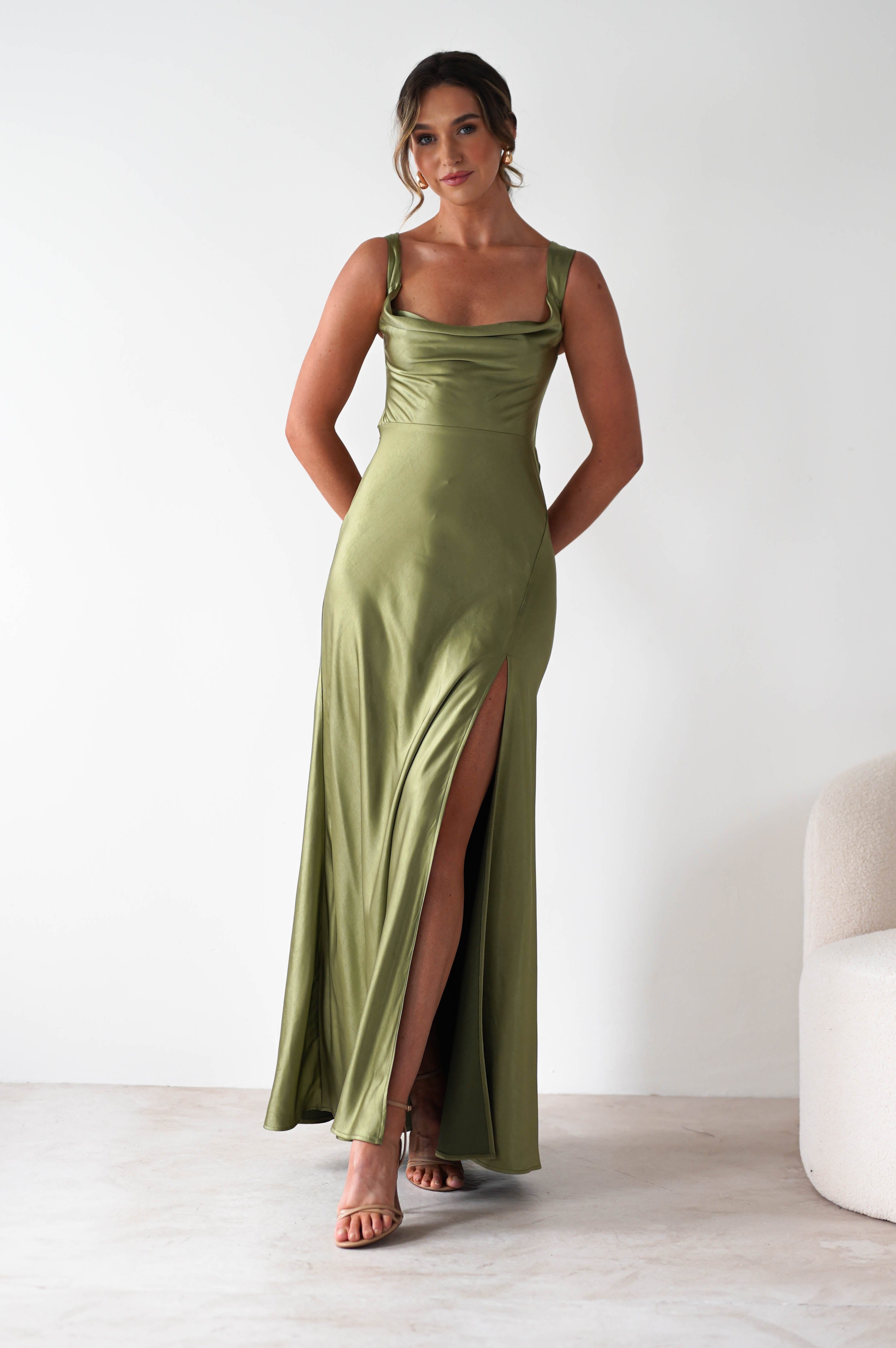 Riviera Soft Satin Maxi Gown | Olive | Oh Hello Clothing | XS (6)