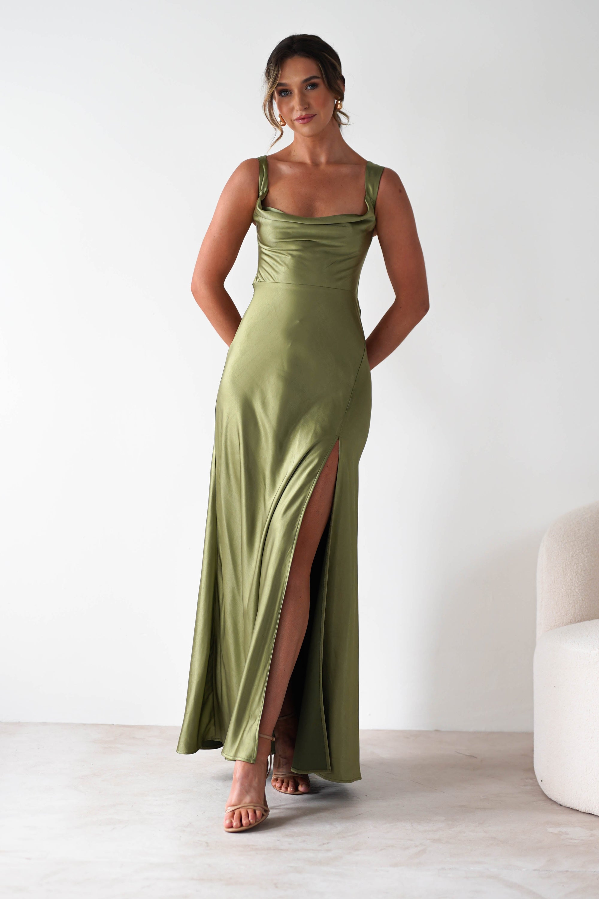 Riviera Soft Satin Maxi Gown | Olive | Oh Hello Clothing | XS (6)