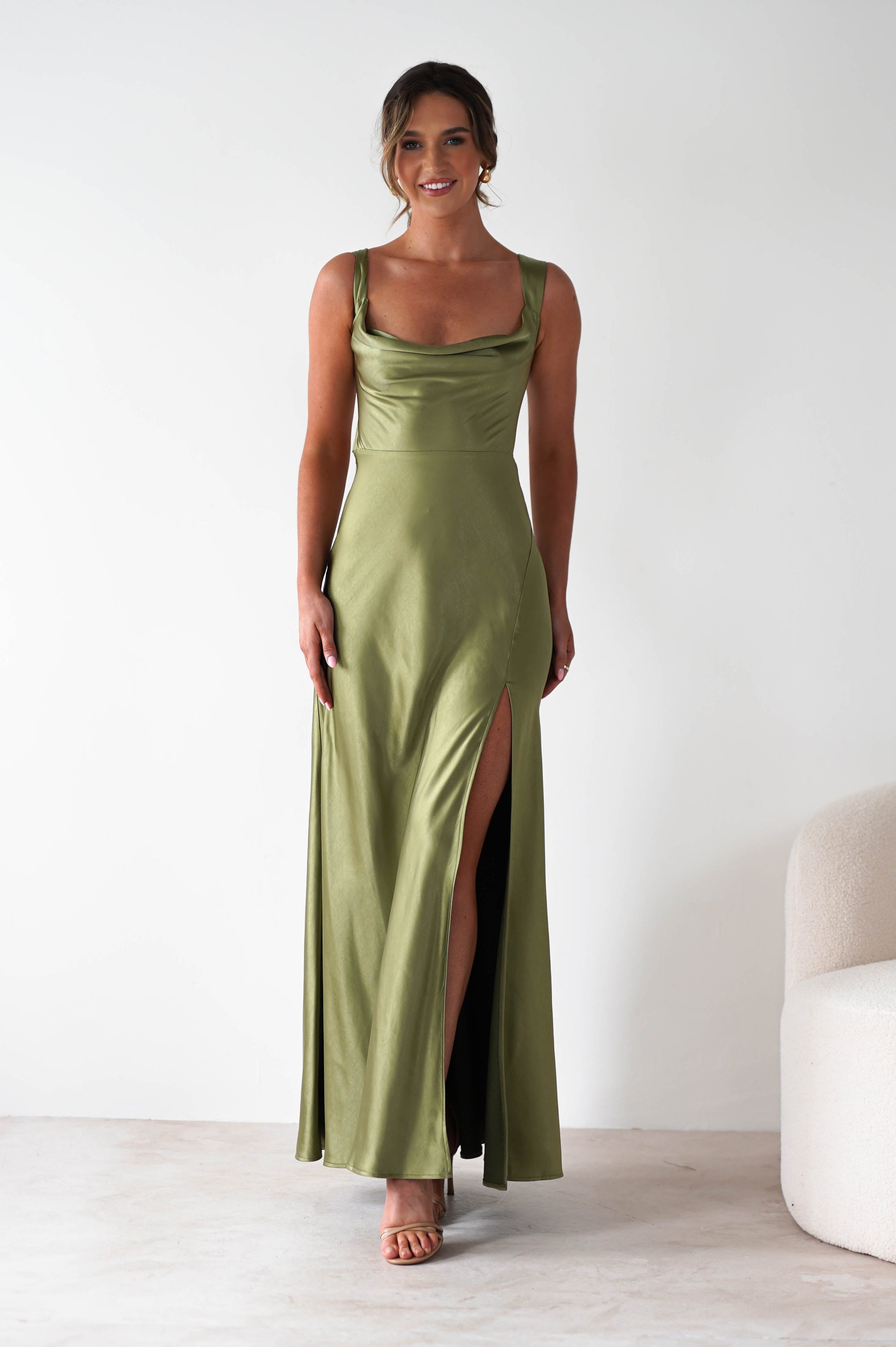 Riviera Soft Satin Maxi Gown | Olive | Oh Hello Clothing | XS (6)
