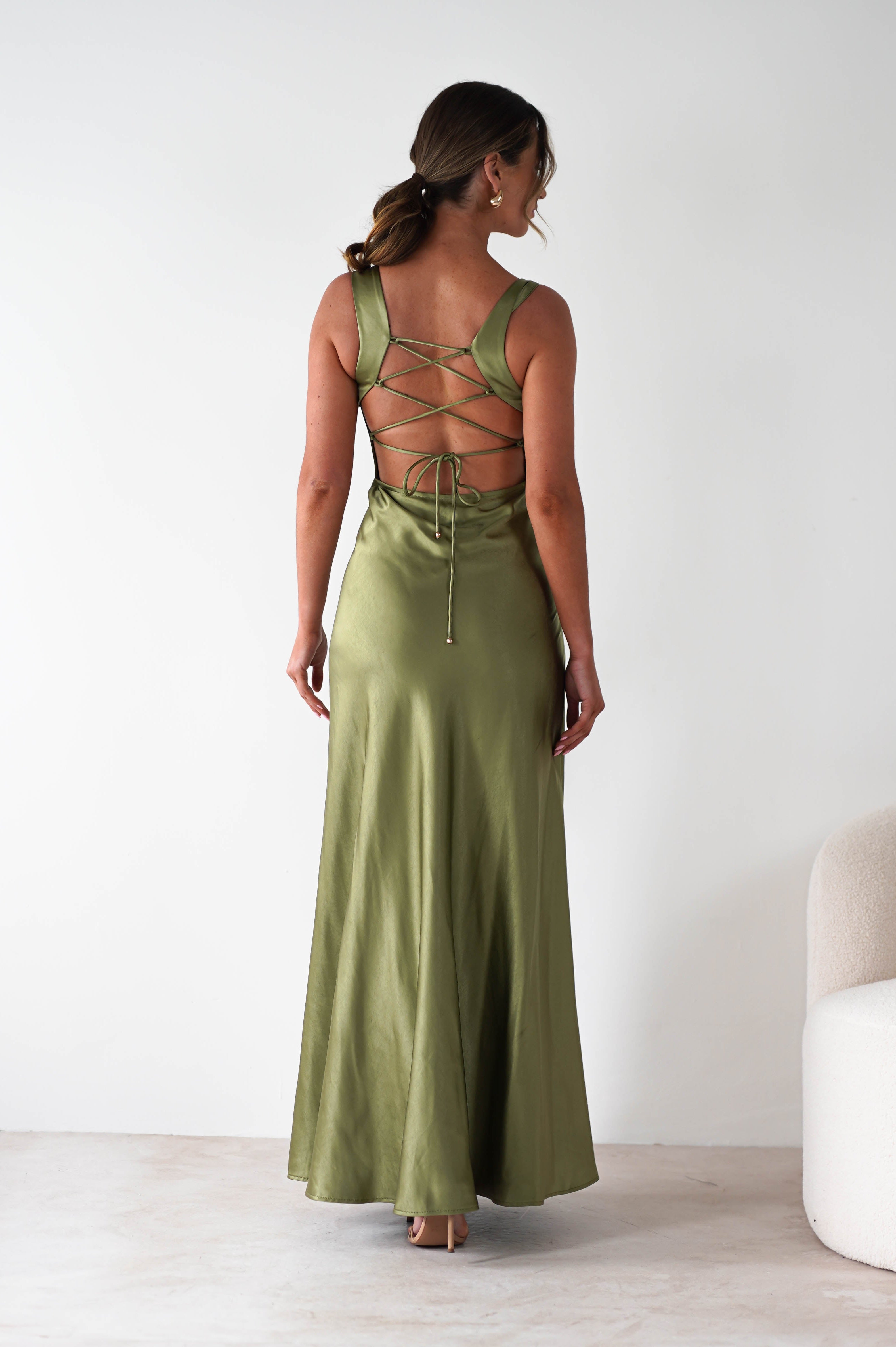Riviera Soft Satin Maxi Gown | Olive | Oh Hello Clothing | XS (6)