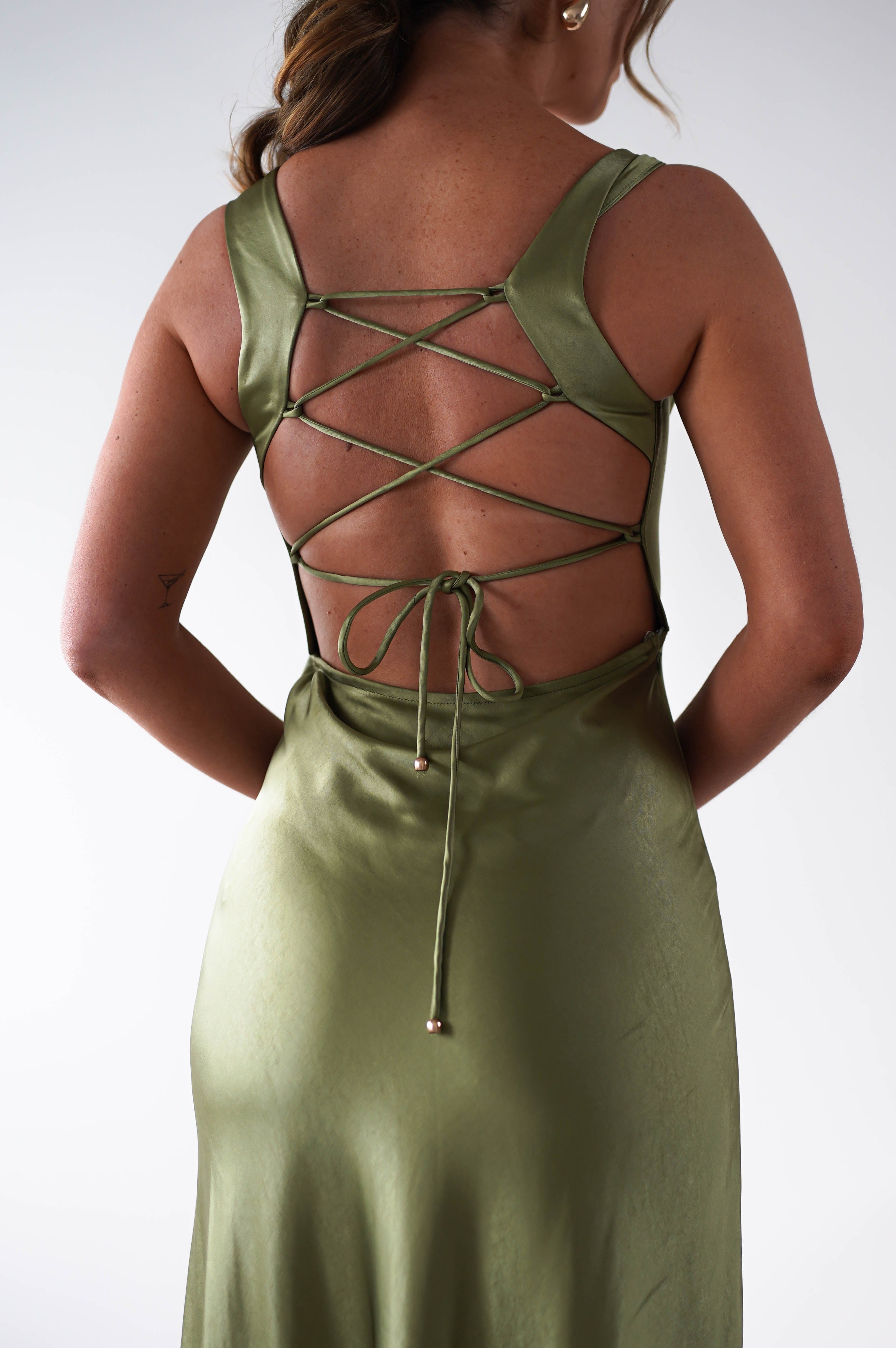 Riviera Soft Satin Maxi Gown | Olive | Oh Hello Clothing | XS (6)