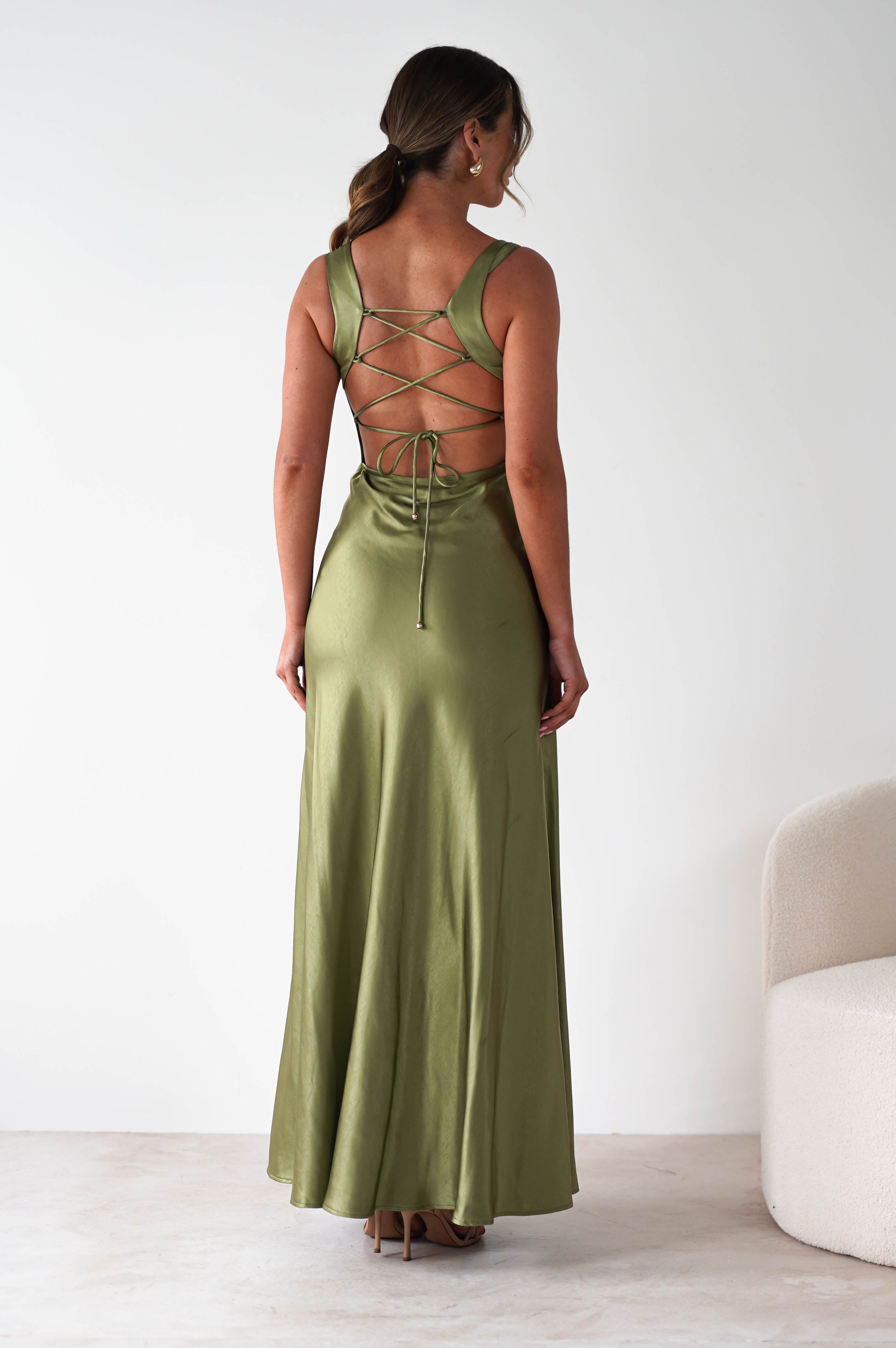 Riviera Soft Satin Maxi Gown | Olive | Oh Hello Clothing | XS (6)