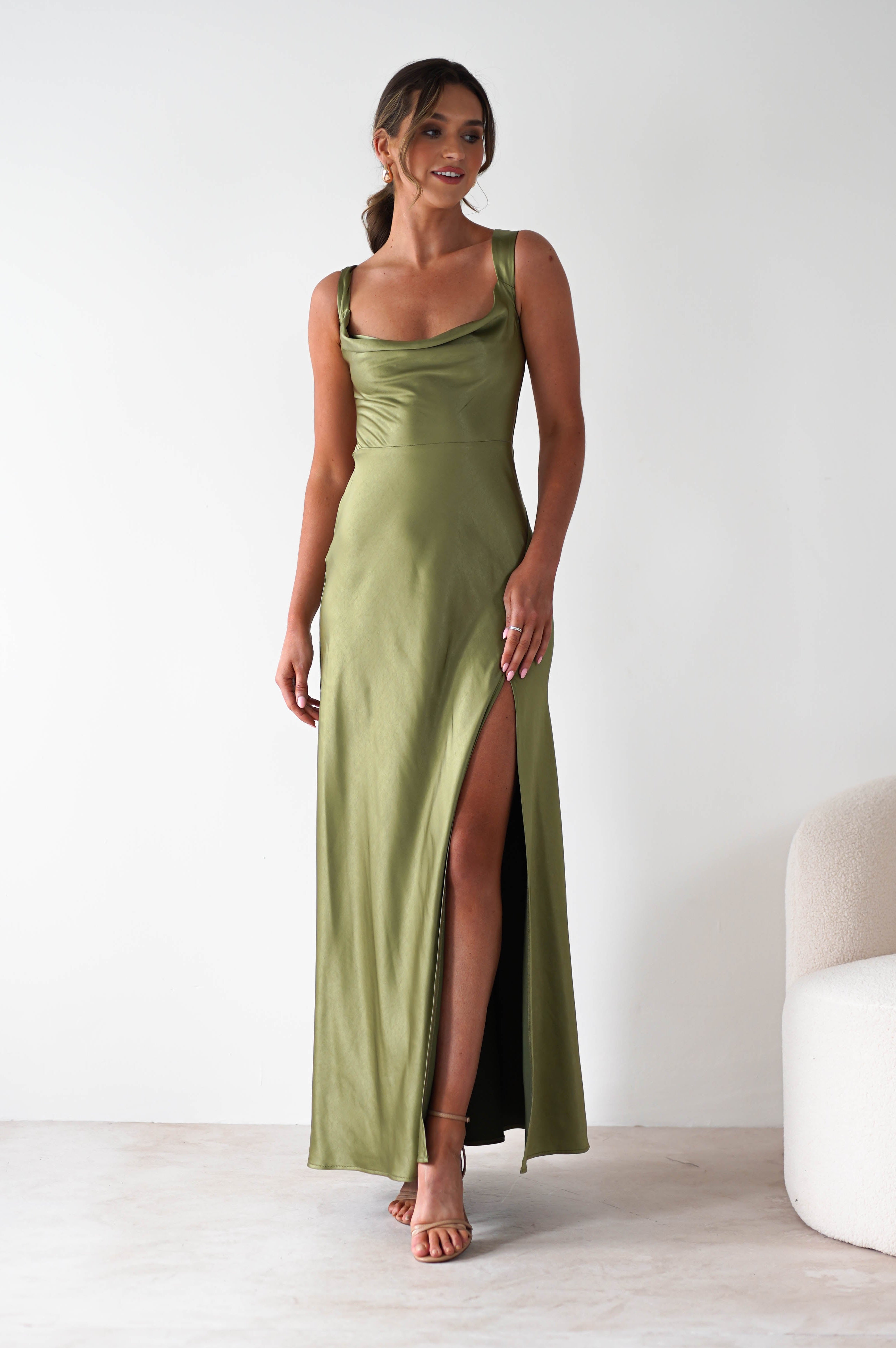 Riviera Soft Satin Maxi Gown | Olive | Oh Hello Clothing | XS (6)