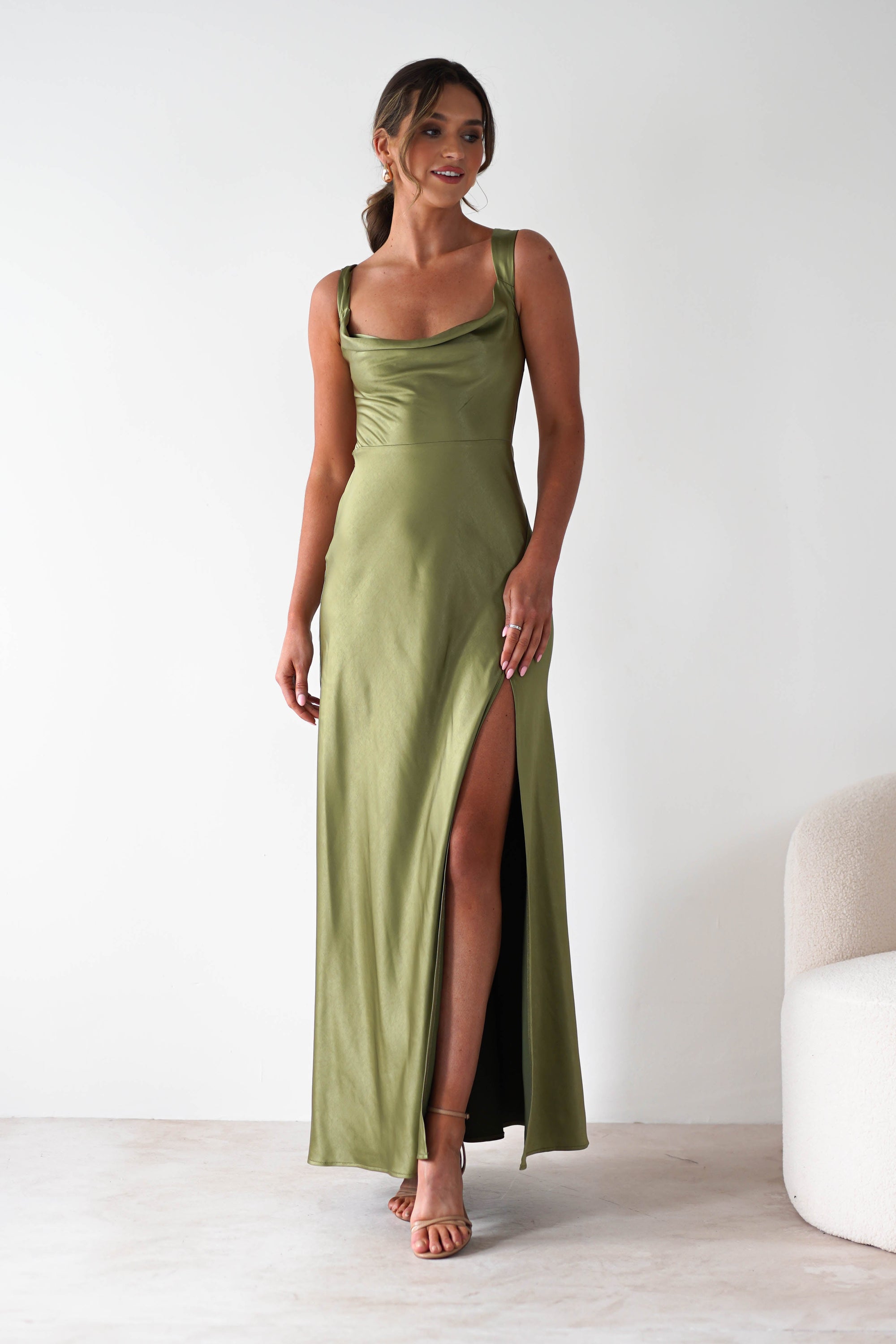 Riviera Soft Satin Maxi Gown | Olive | Oh Hello Clothing | XS (6)