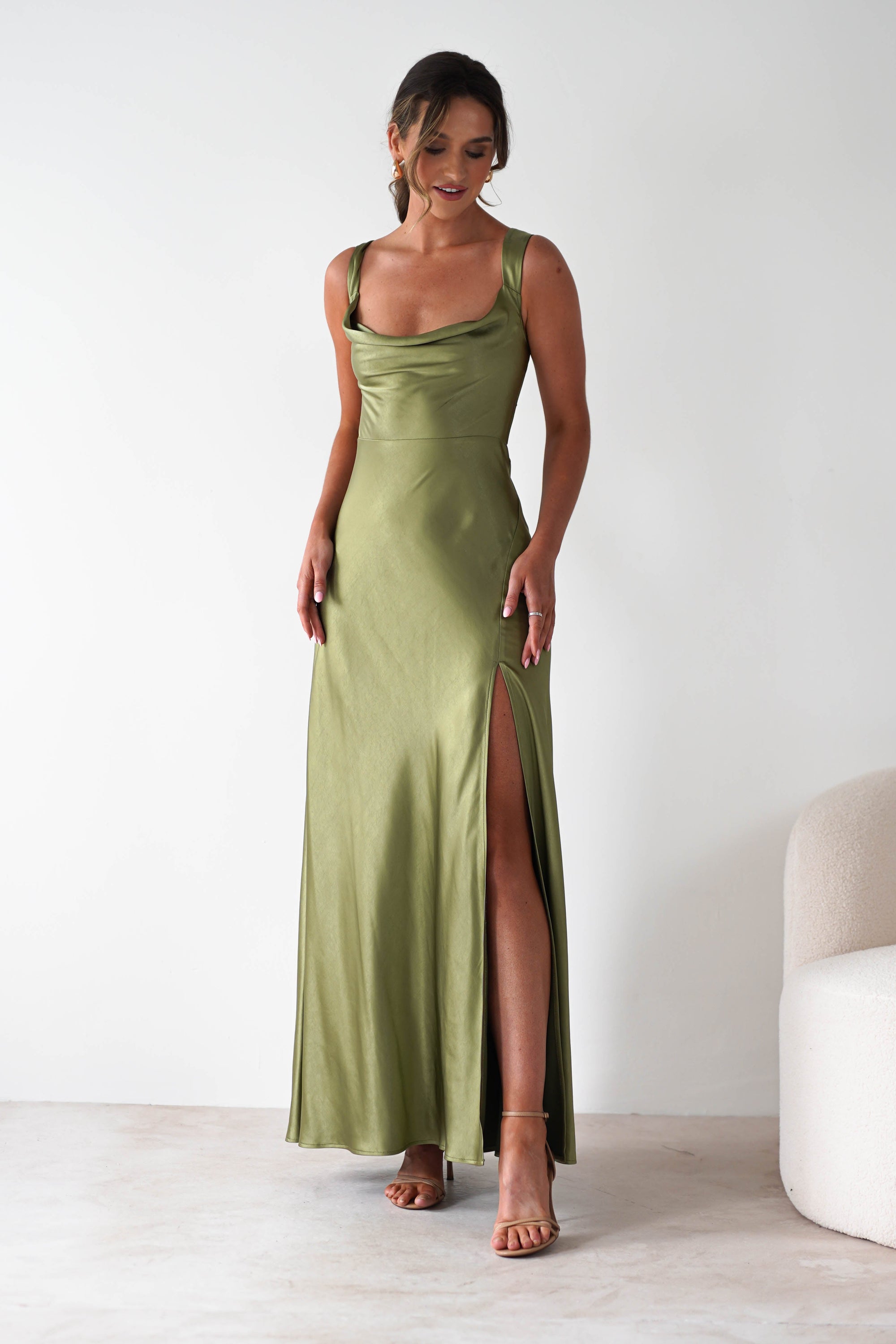 Riviera Soft Satin Maxi Gown | Olive | Oh Hello Clothing | XS (6)