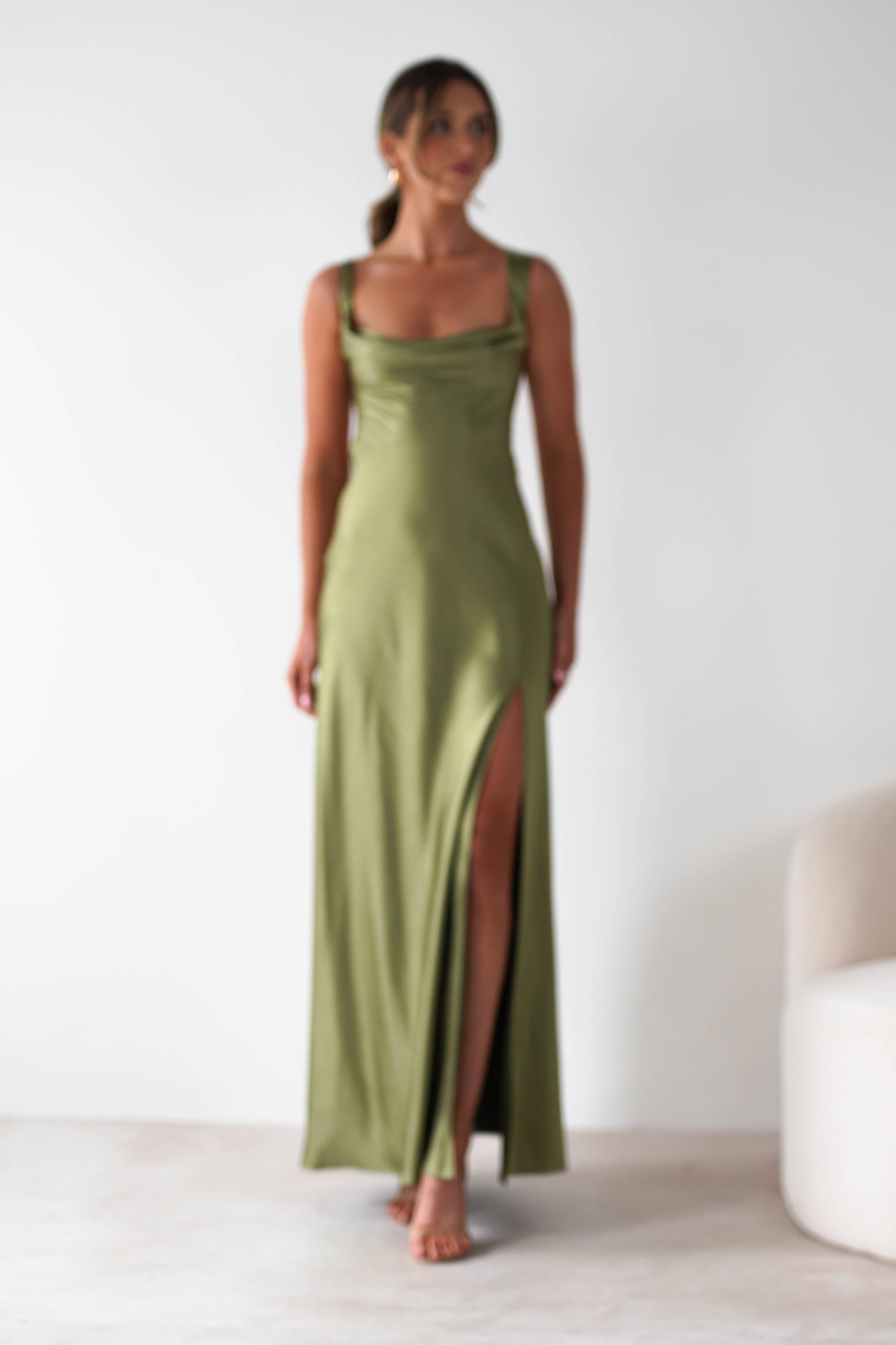 Riviera Soft Satin Maxi Gown | Olive | Oh Hello Clothing | XS (6)