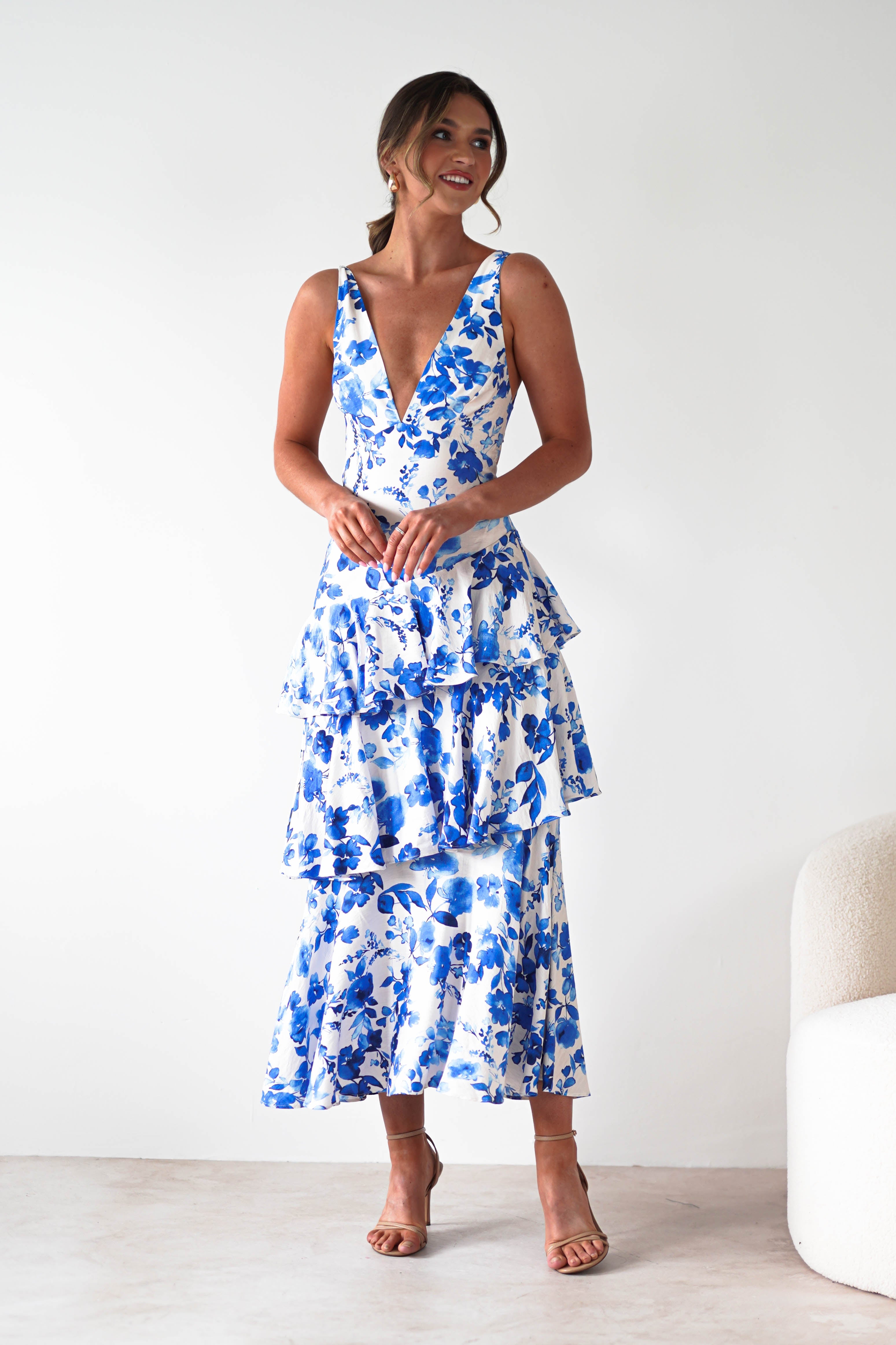 Varana Floral Ruffle Maxi Dress | Blue Print | Oh Hello Clothing | XS (6)