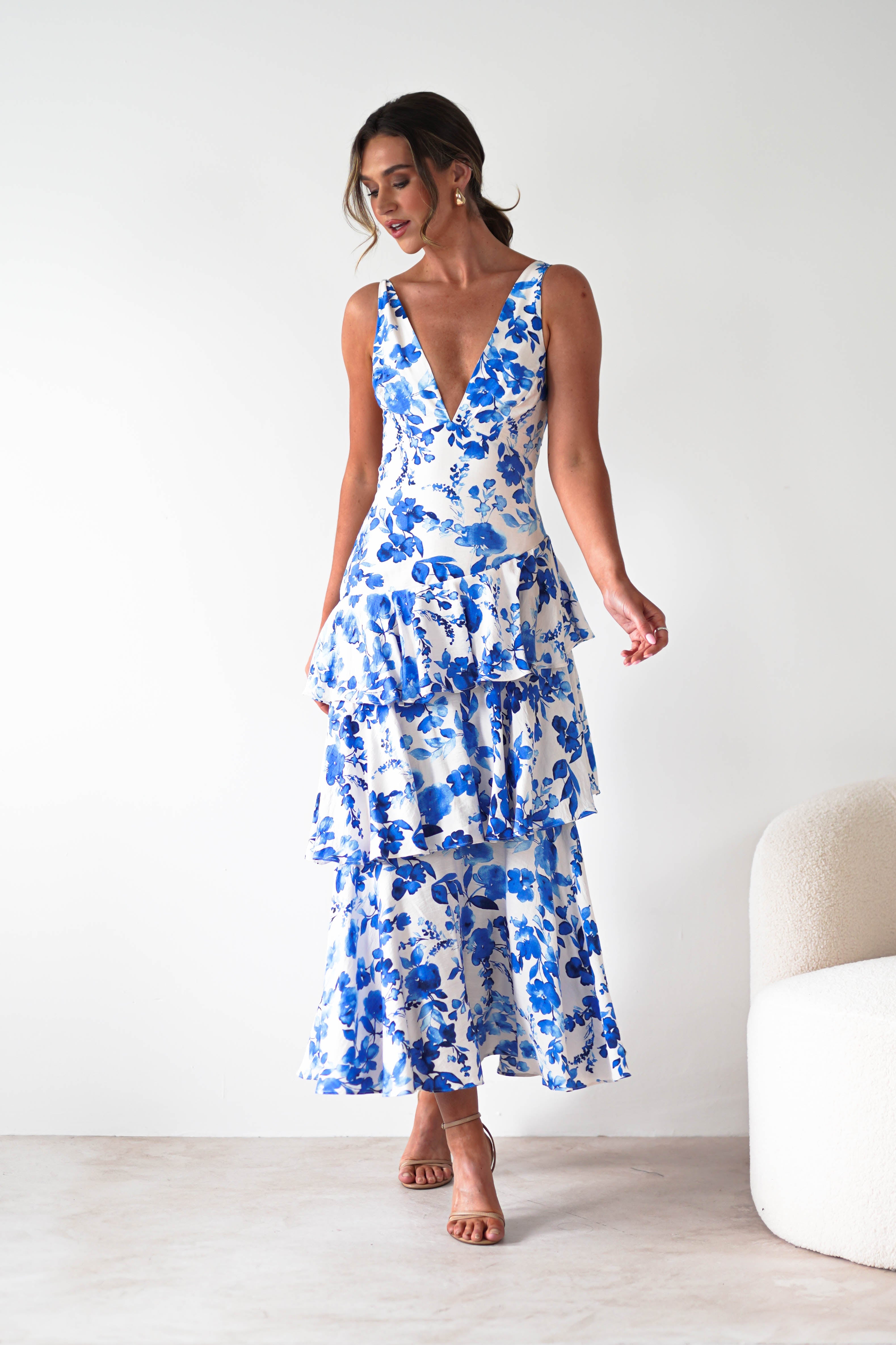 Varana Floral Ruffle Maxi Dress | Blue Print | Oh Hello Clothing | XS (6)
