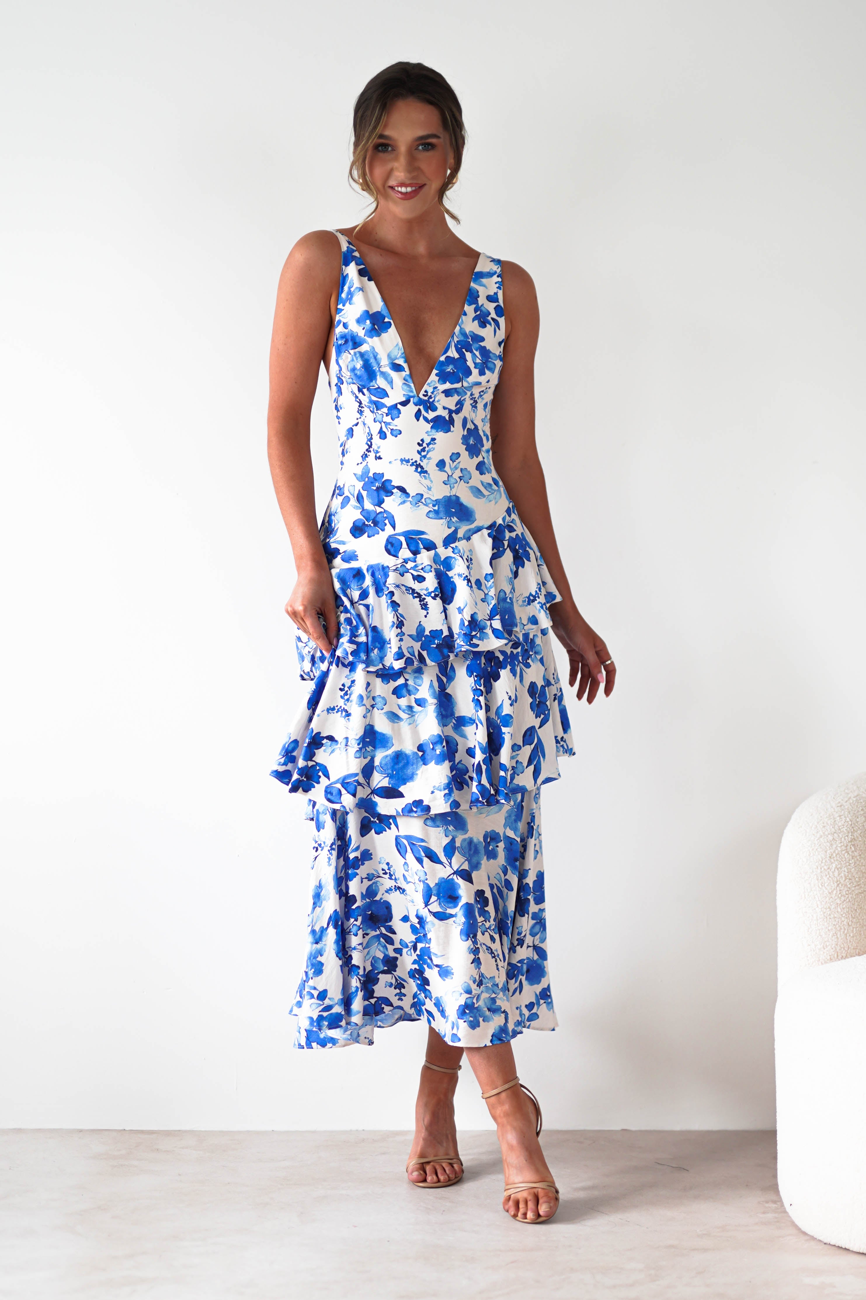 Varana Floral Ruffle Maxi Dress | Blue Print | Oh Hello Clothing | XS (6)