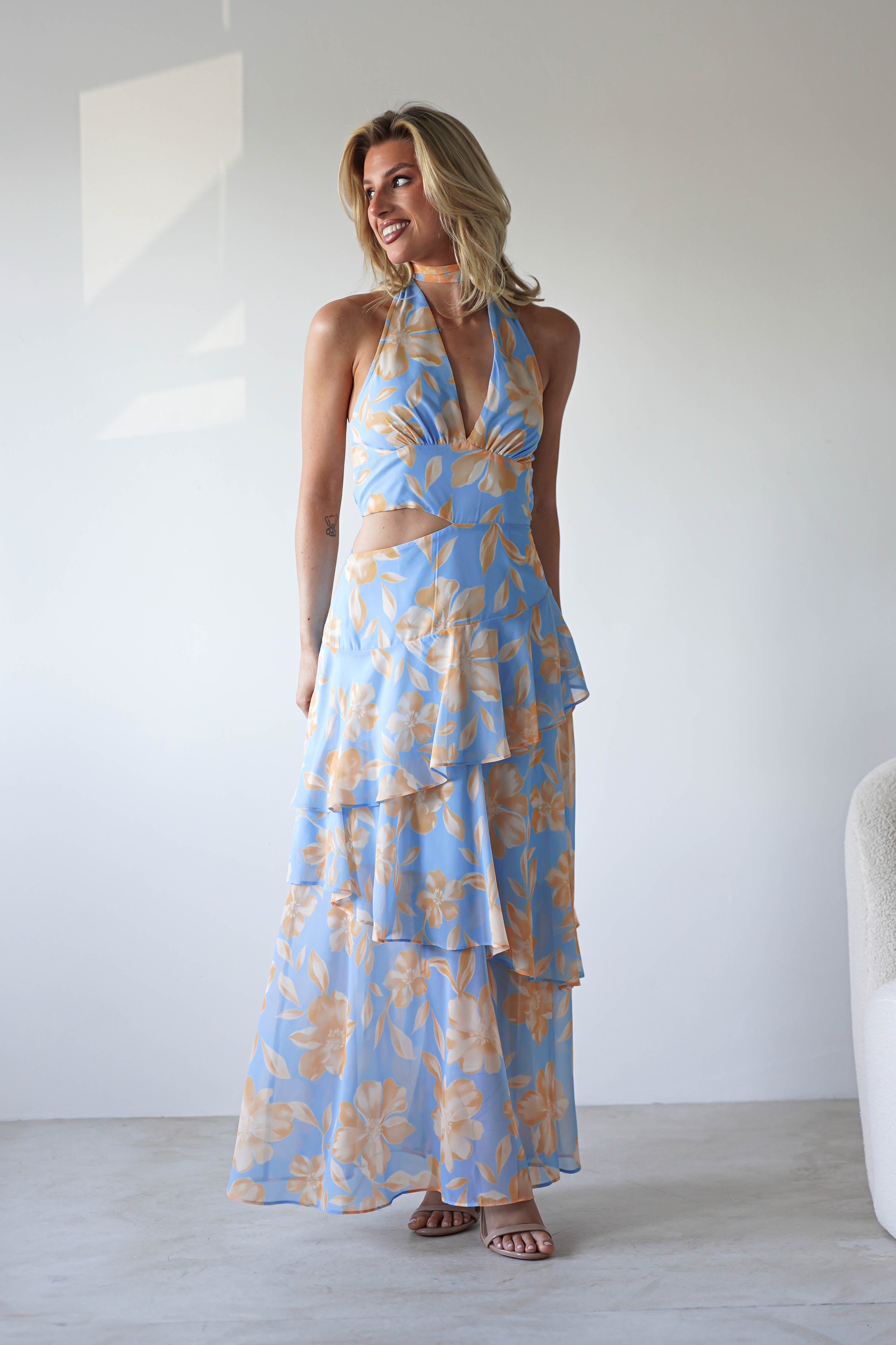 Lohan Ruffle Floral Maxi Print Dress | Blue | Oh Hello Clothing | XS (6)