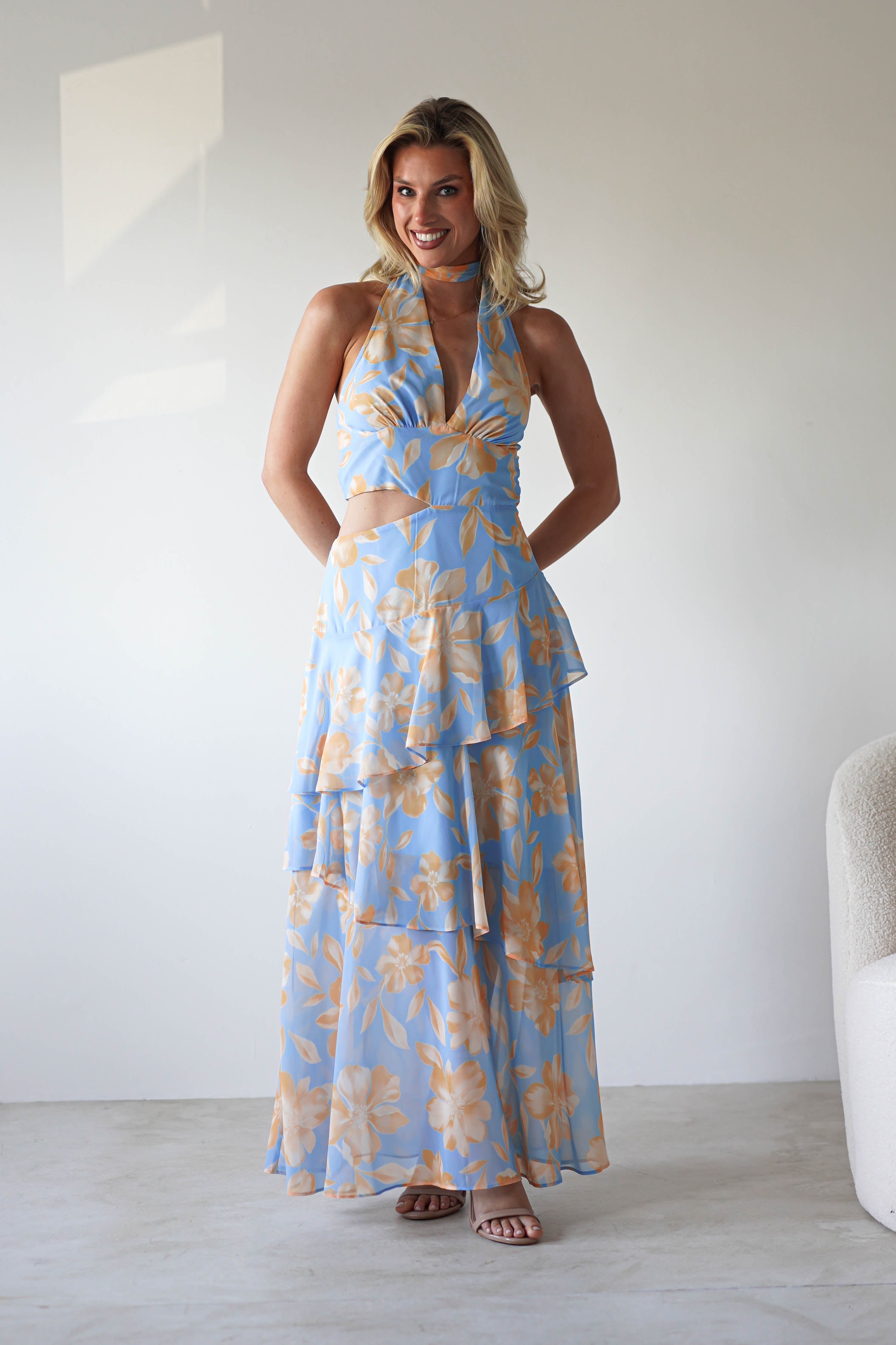 Lohan Ruffle Floral Maxi Print Dress | Blue | Oh Hello Clothing | XS (6)