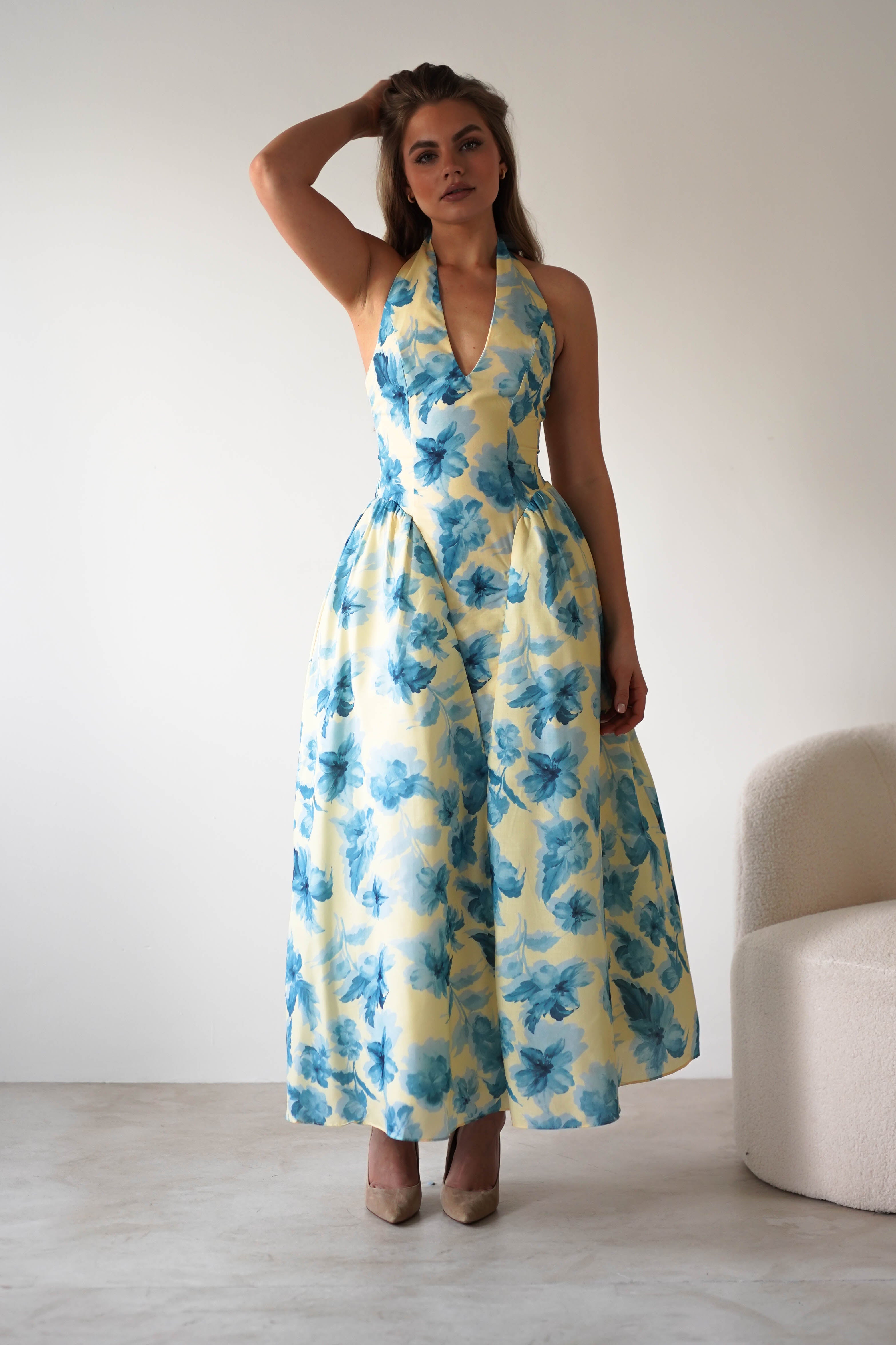 Sabine Floral Bodied Maxi Dress | Yellow/Blue | Oh Hello Clothing | XS (6)