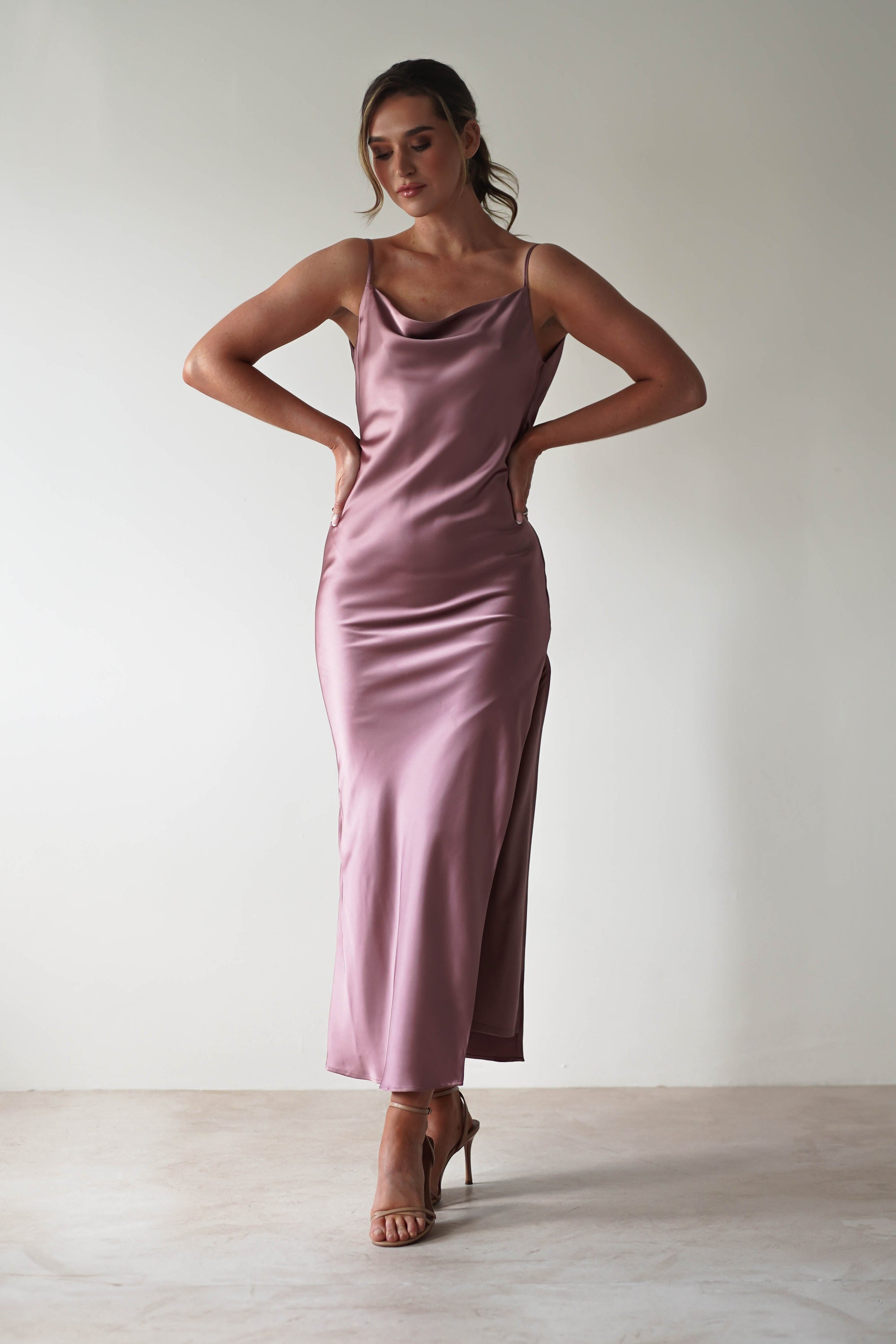 Luiza Low Back Satin Maxi Dress | Mauve - Oh Hello Clothing