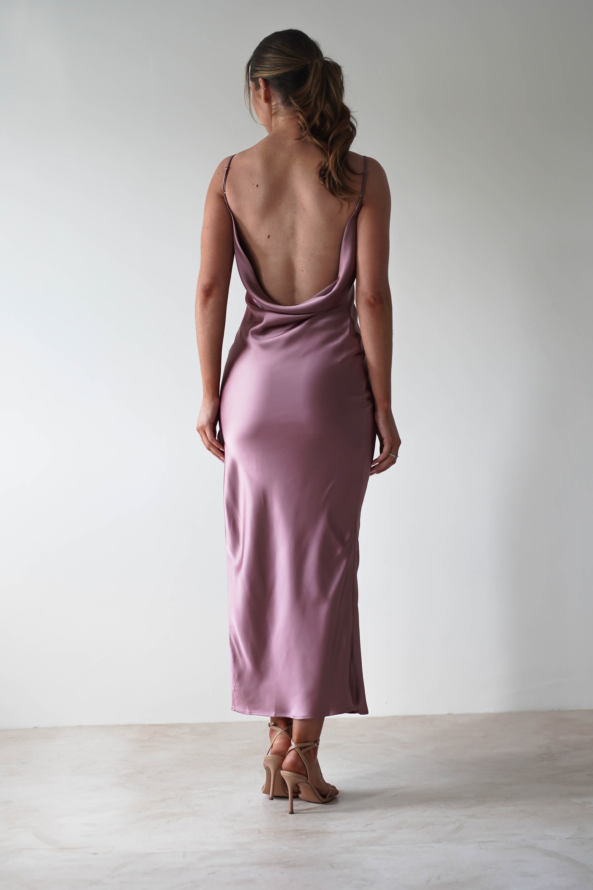 Luiza Low Back Satin Maxi Dress | Mauve - Oh Hello Clothing
