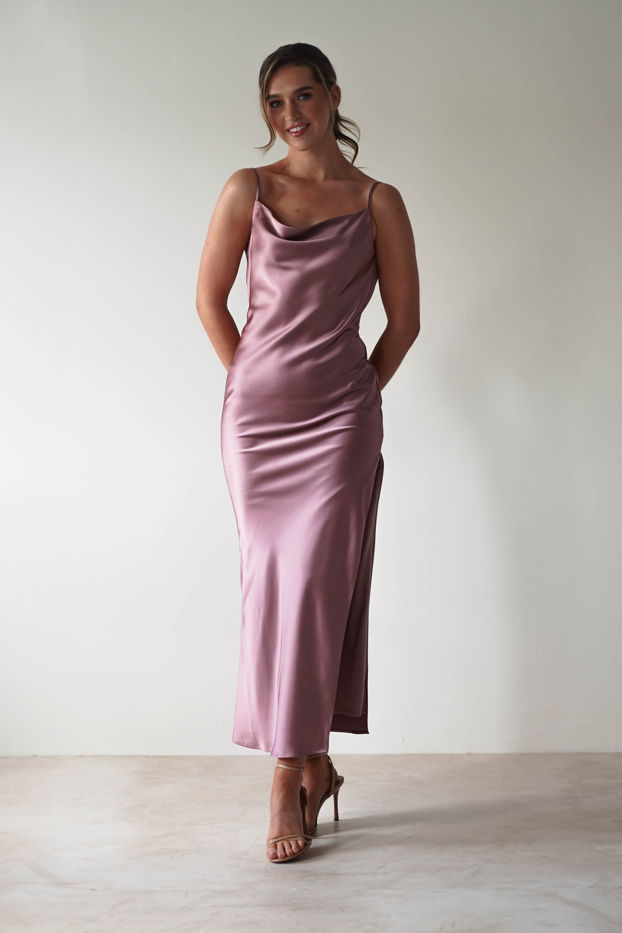 Luiza Low Back Satin Maxi Dress | Mauve - Oh Hello Clothing
