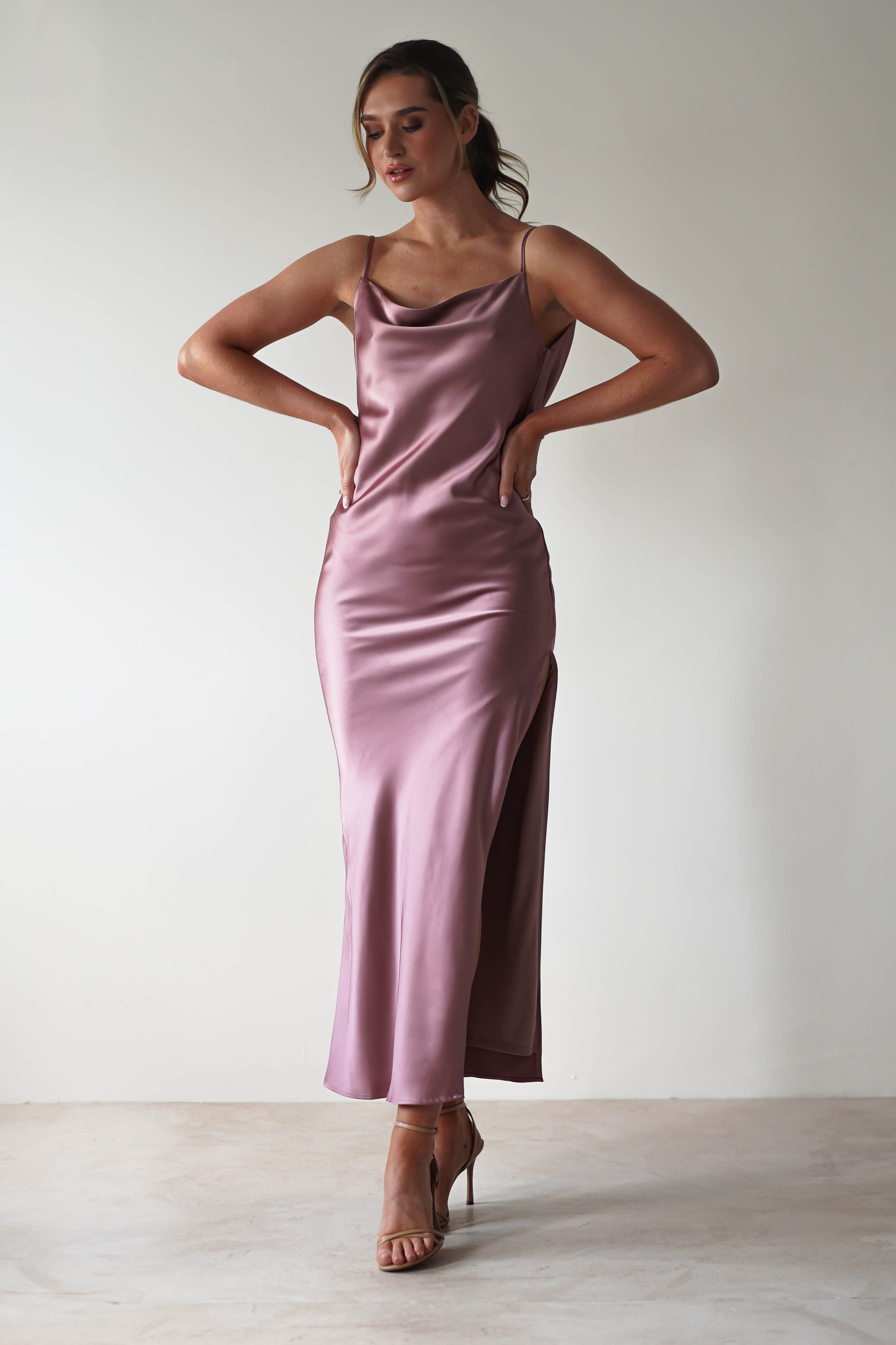 Luiza Low Back Satin Maxi Dress | Mauve - Oh Hello Clothing