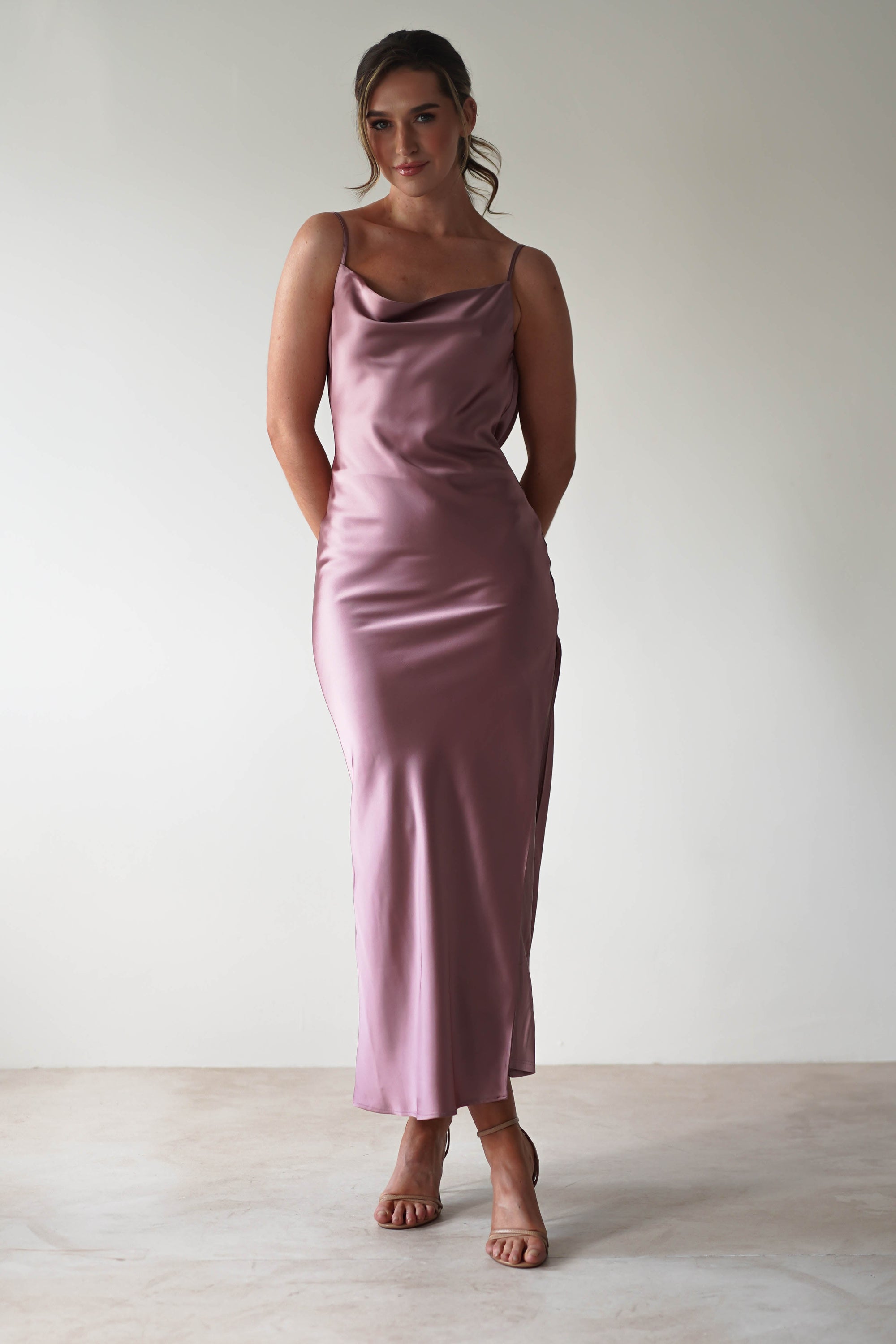 Luiza Low Back Satin Maxi Dress | Mauve - Oh Hello Clothing