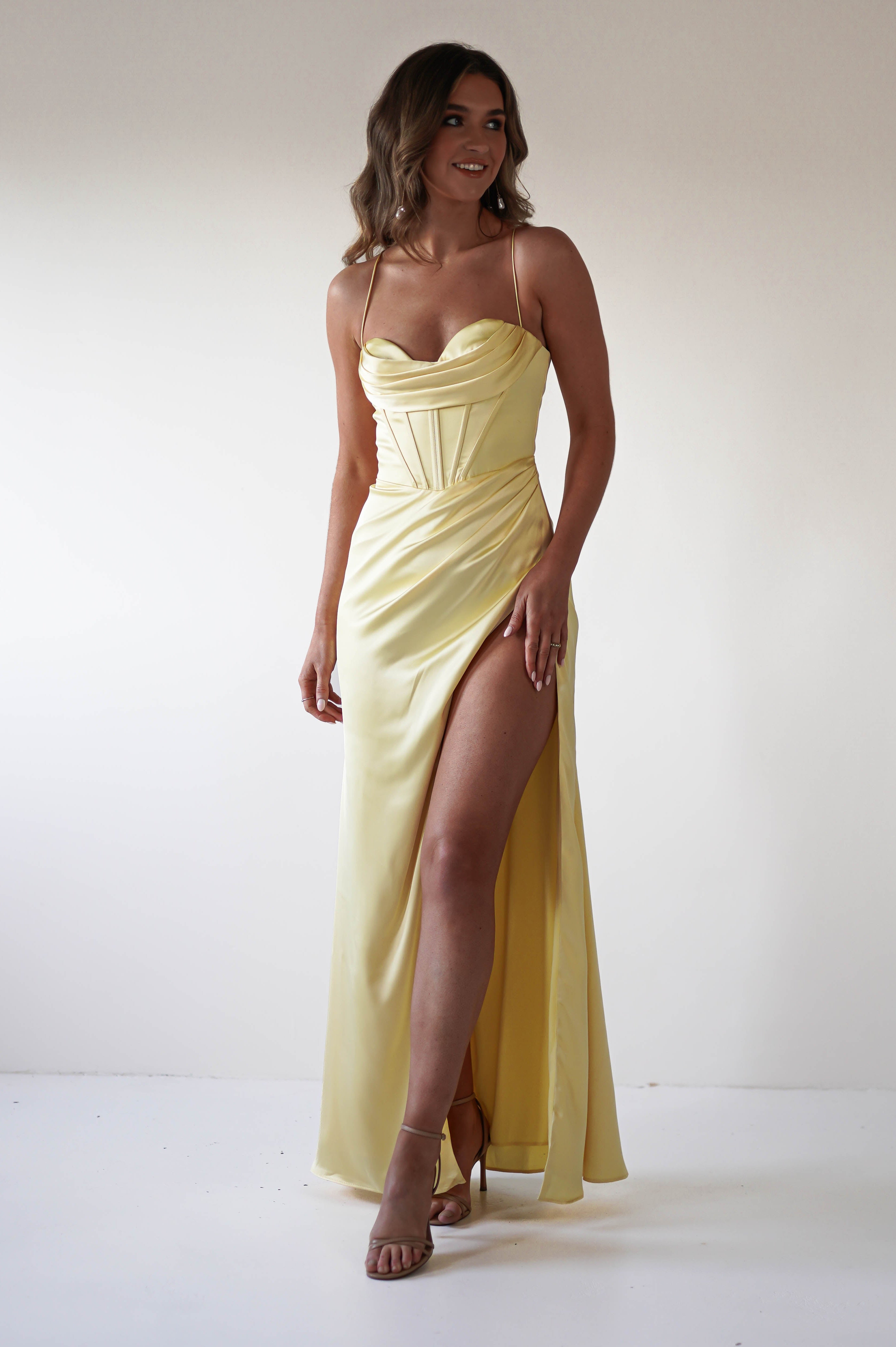 Julianne Corset Satin Gown | Yellow - Oh Hello Clothing