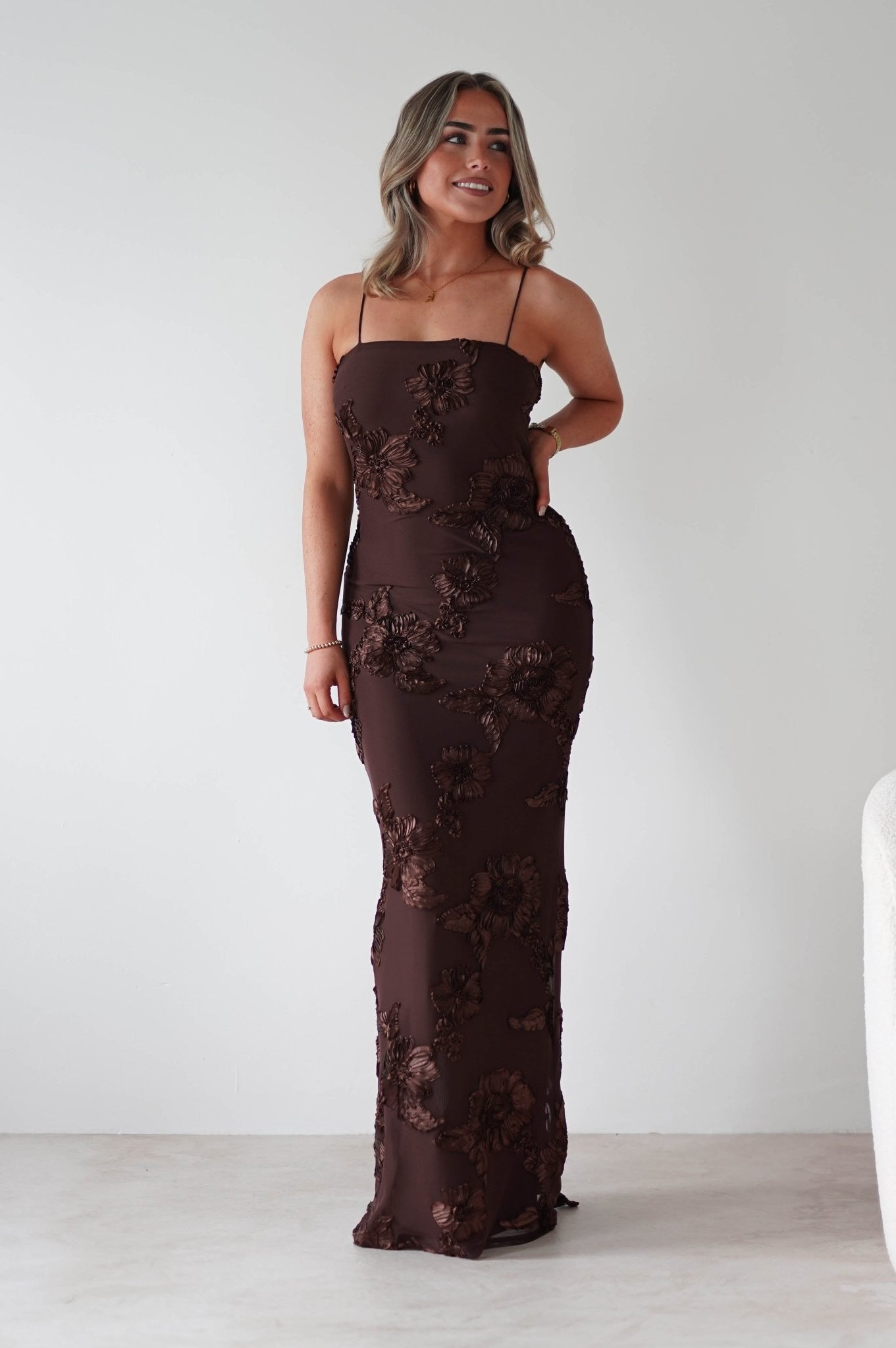 Alvana Floral Appliqué Maxi Dress | Brown | Oh Hello Clothing | XS (6)