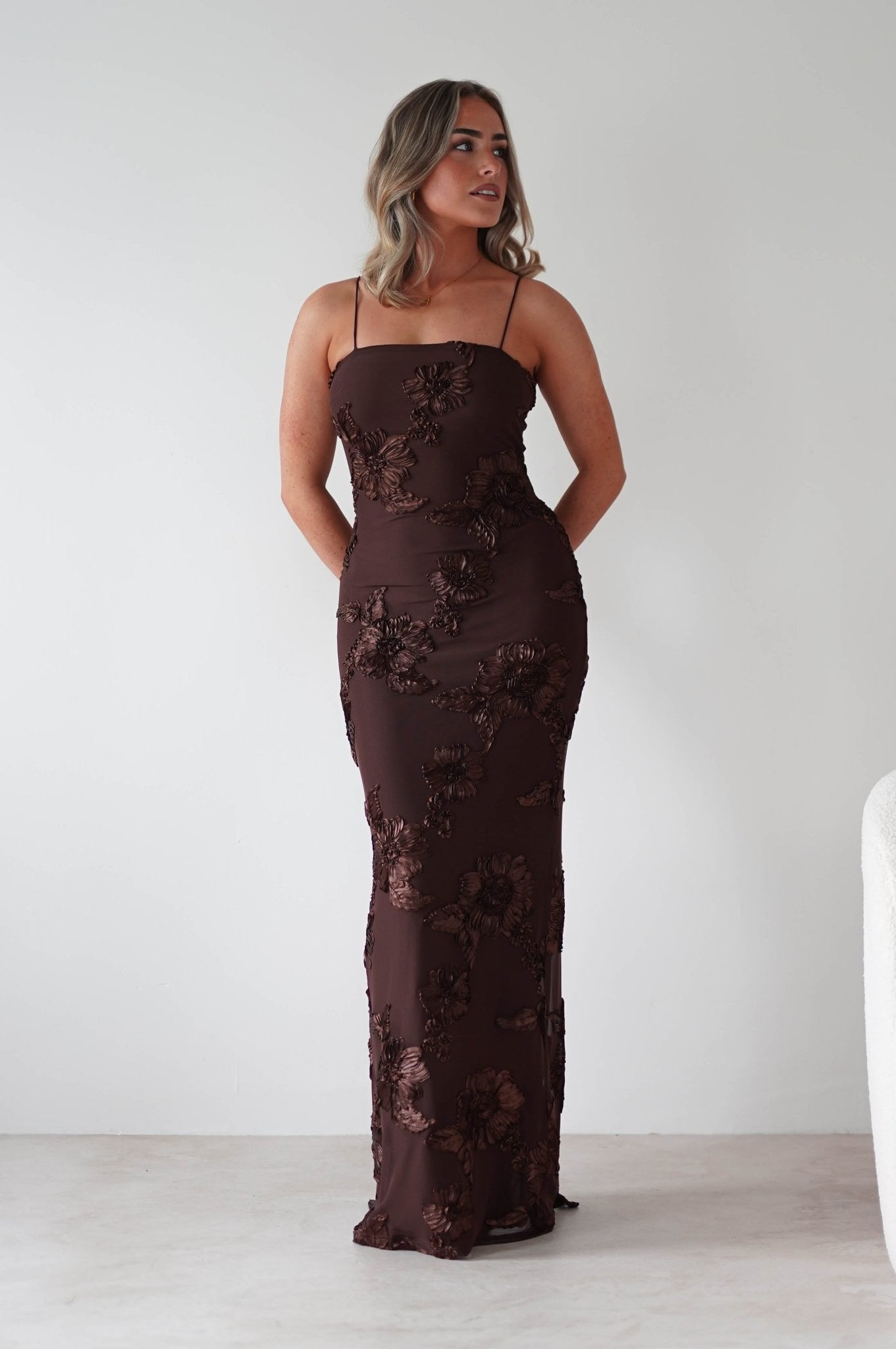 Alvana Floral Appliqué Maxi Dress | Brown | Oh Hello Clothing | XS (6)