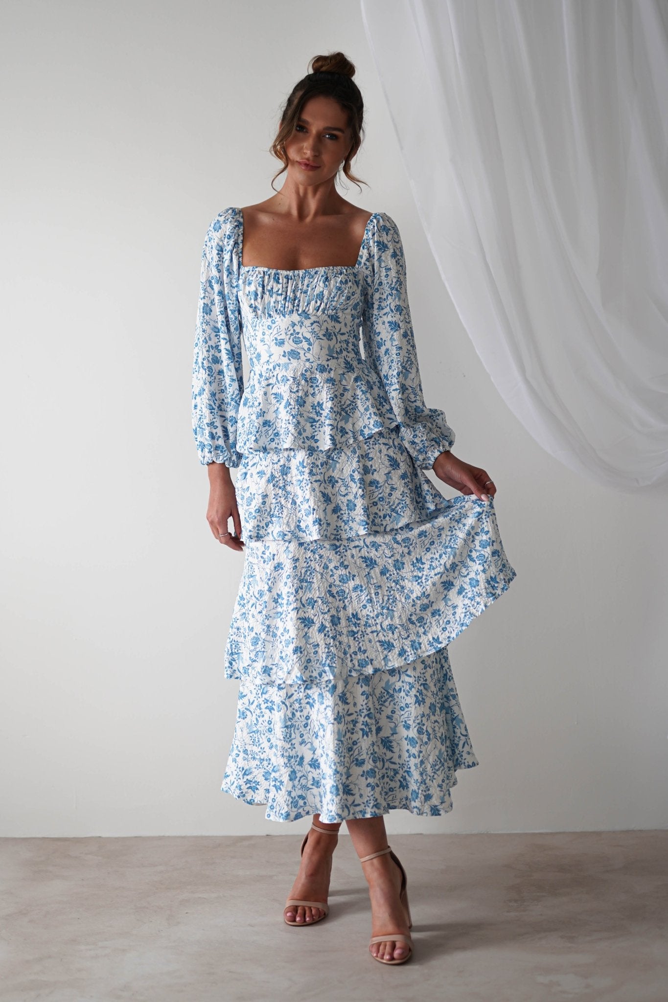 Amelie Floral Print Maxi Dress | Blue/White | Oh Hello Clothing | 6