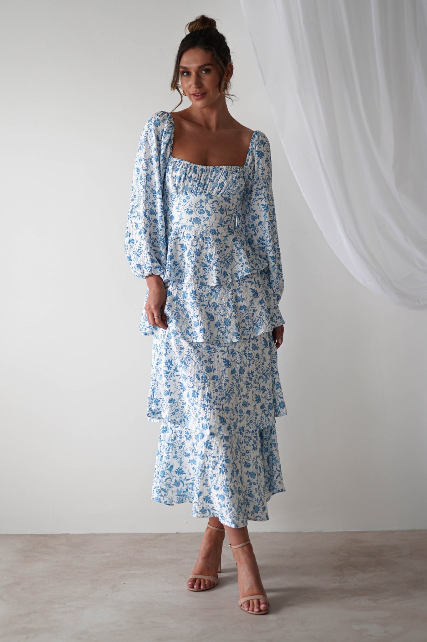 Amelie Floral Print Maxi Dress | Blue/White | Oh Hello Clothing | 6
