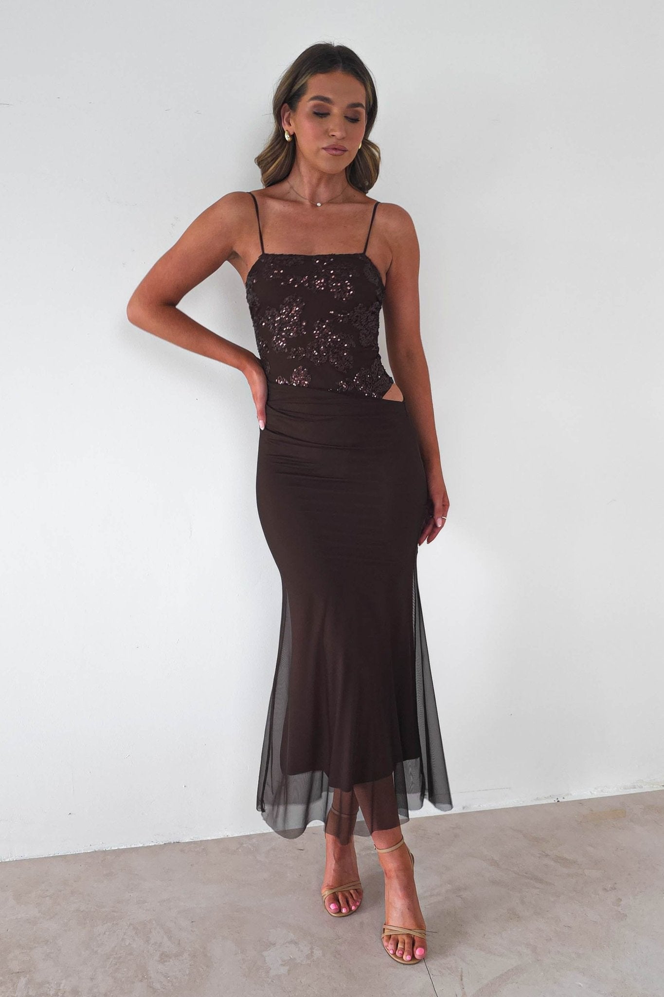 Angela Sequin Mesh Maxi Dress | Brown | Oh Hello Clothing | S/M (8 - 10)