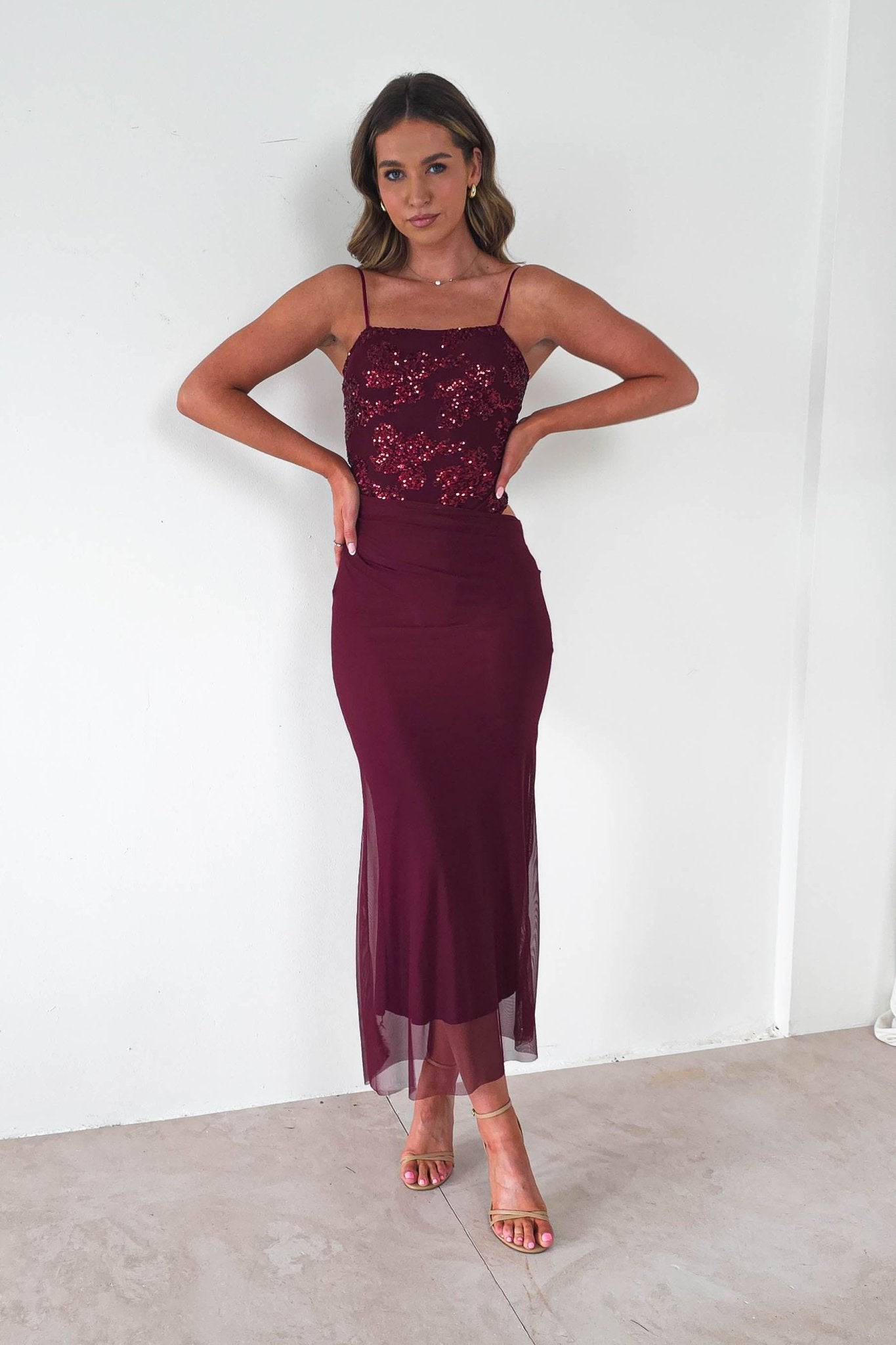 Angela Sequin Mesh Maxi Dress | Wine | Oh Hello Clothing | S/M (8 - 10)
