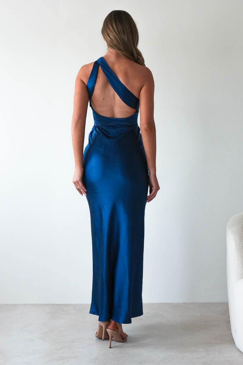 Ashlee Soft Satin One Shoulder Maxi Dress | Navy | Oh Hello Clothing | XS (6)