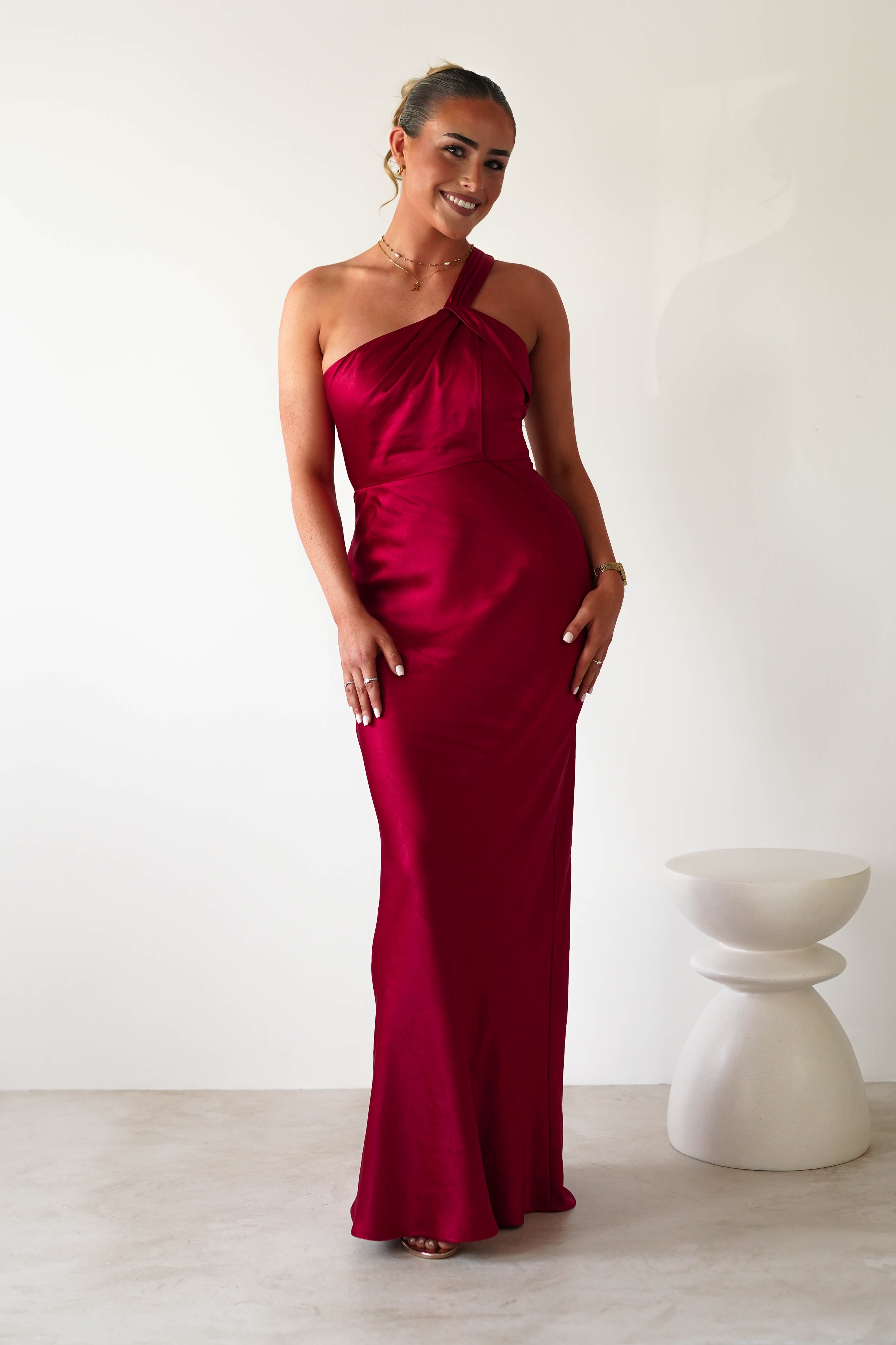 Ashlee Soft Satin One Shoulder Maxi Dress | Red | Oh Hello Clothing | XS (6)