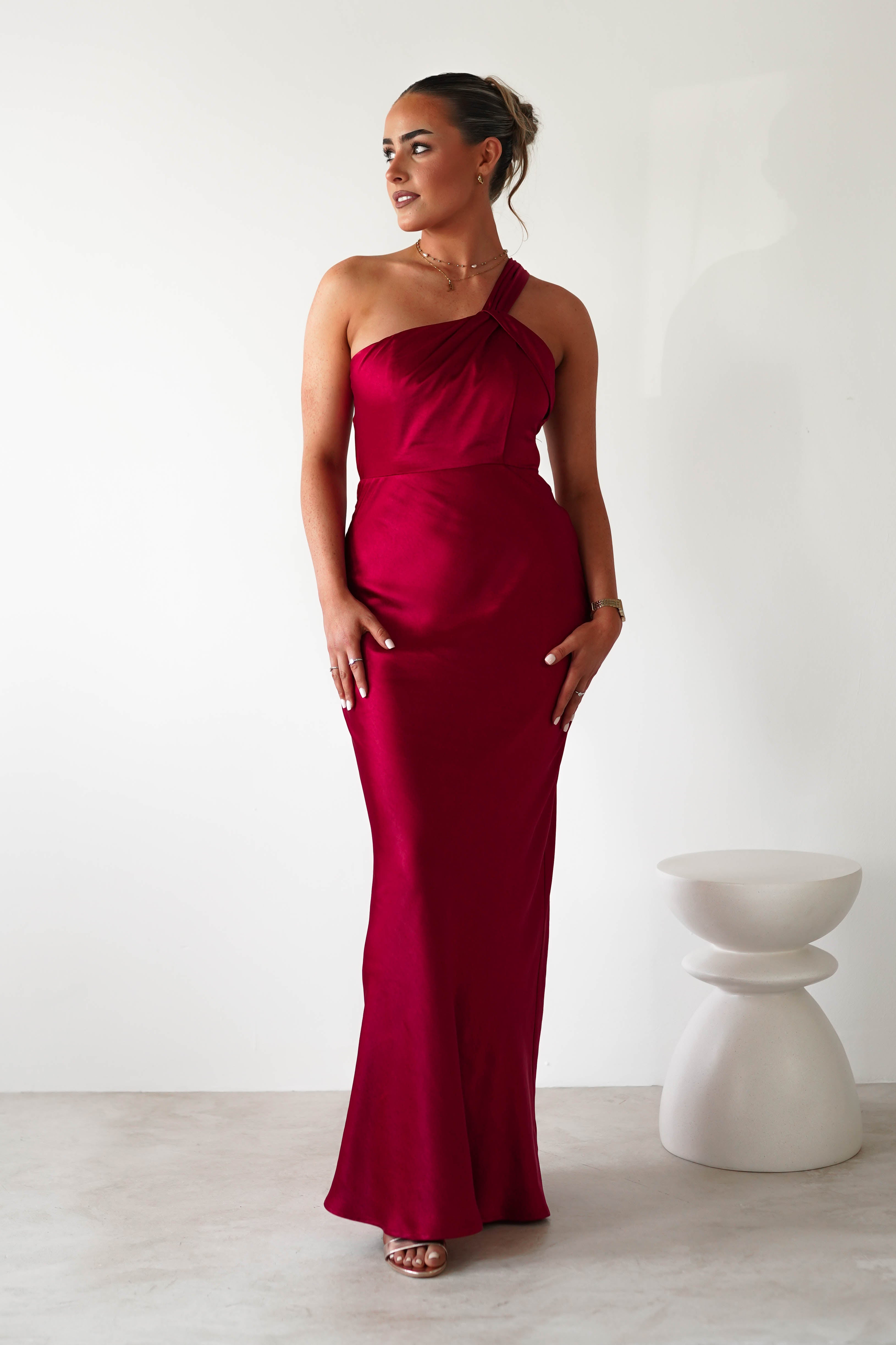 Ashlee Soft Satin One Shoulder Maxi Dress | Red | Oh Hello Clothing | XS (6)