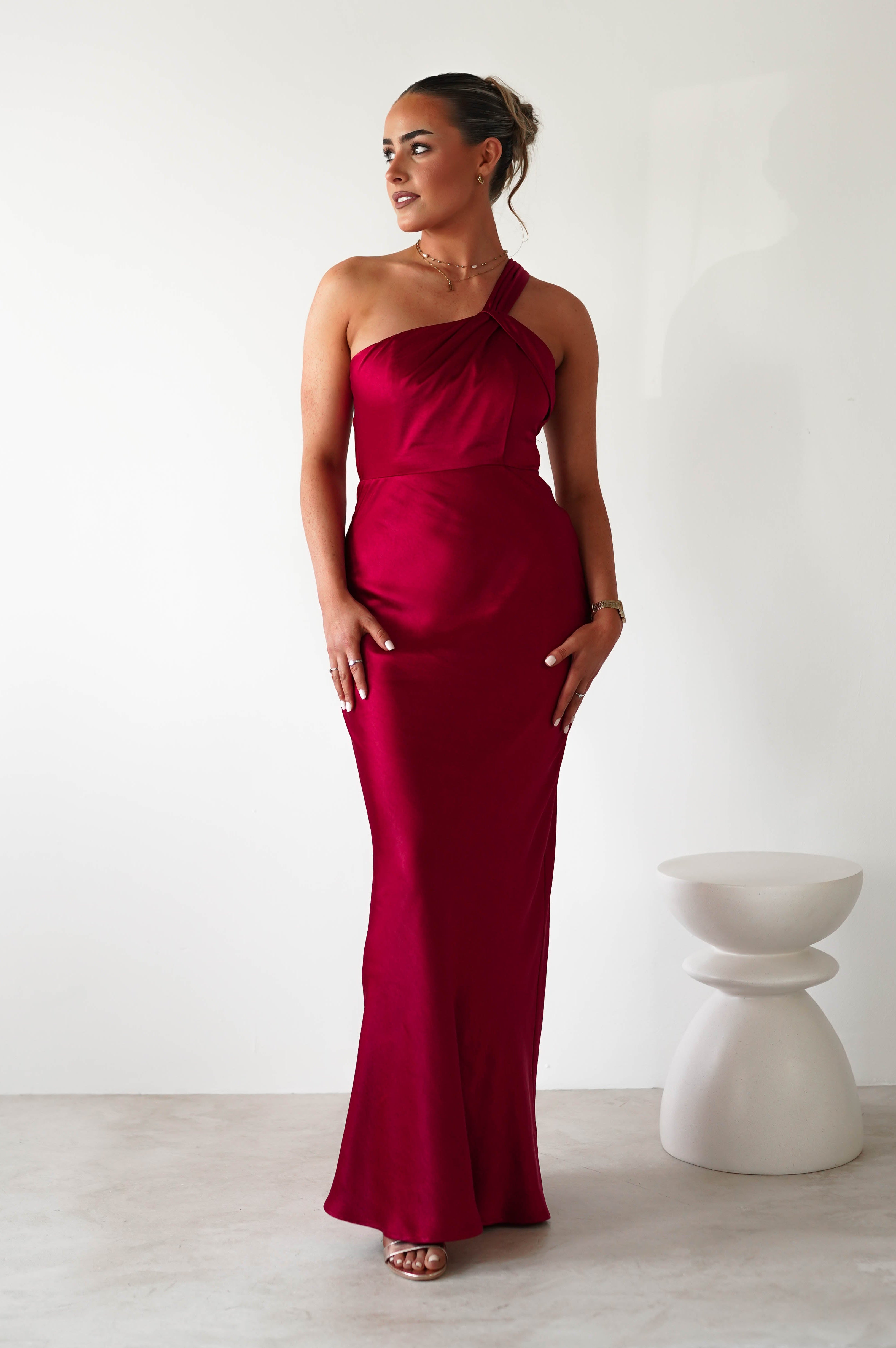 Ashlee Soft Satin One Shoulder Maxi Dress | Red | Oh Hello Clothing | XS (6)