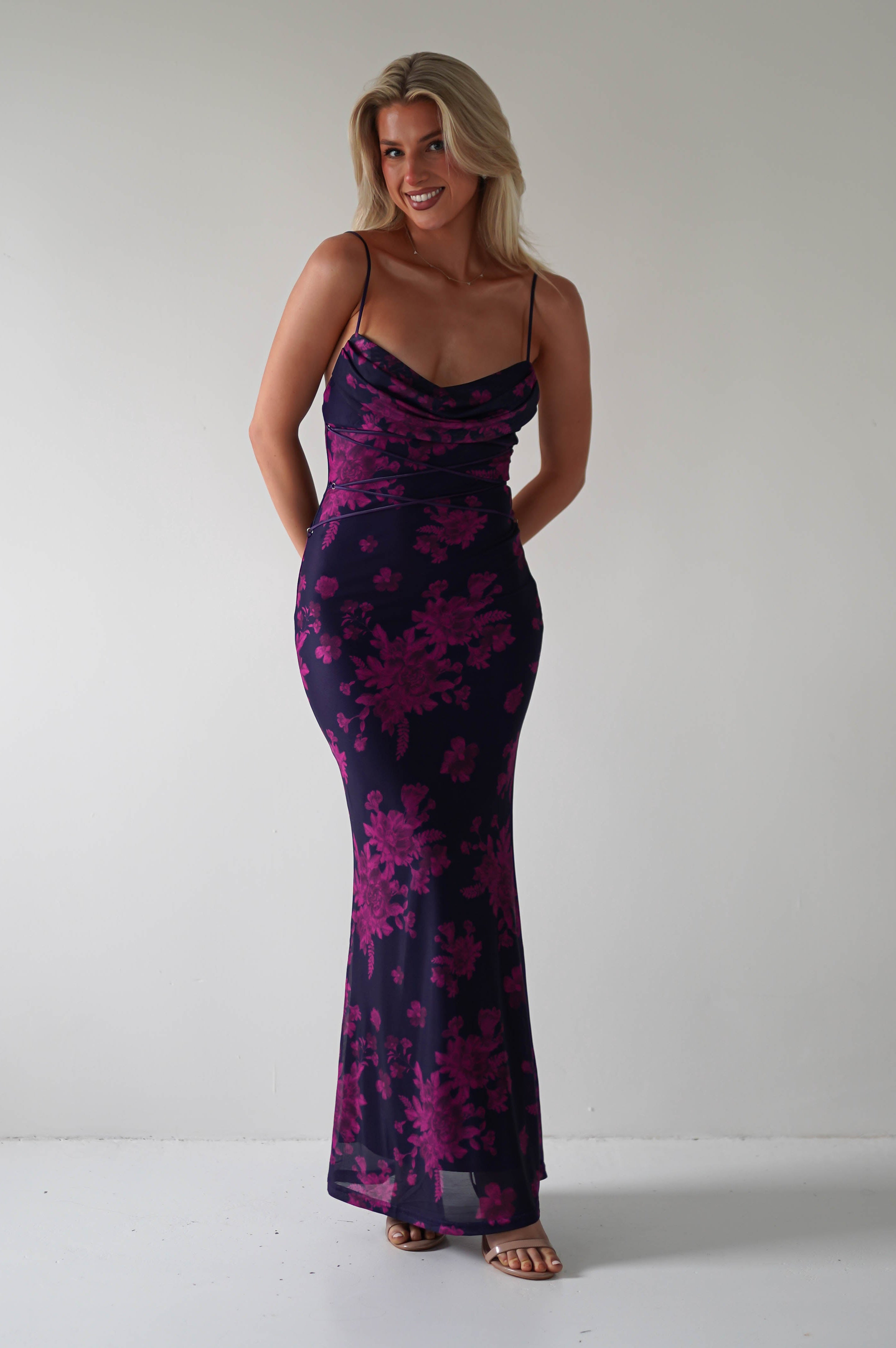Audrie Bodycon Printed Maxi Dress | Grape | Oh Hello Clothing | XS (6)