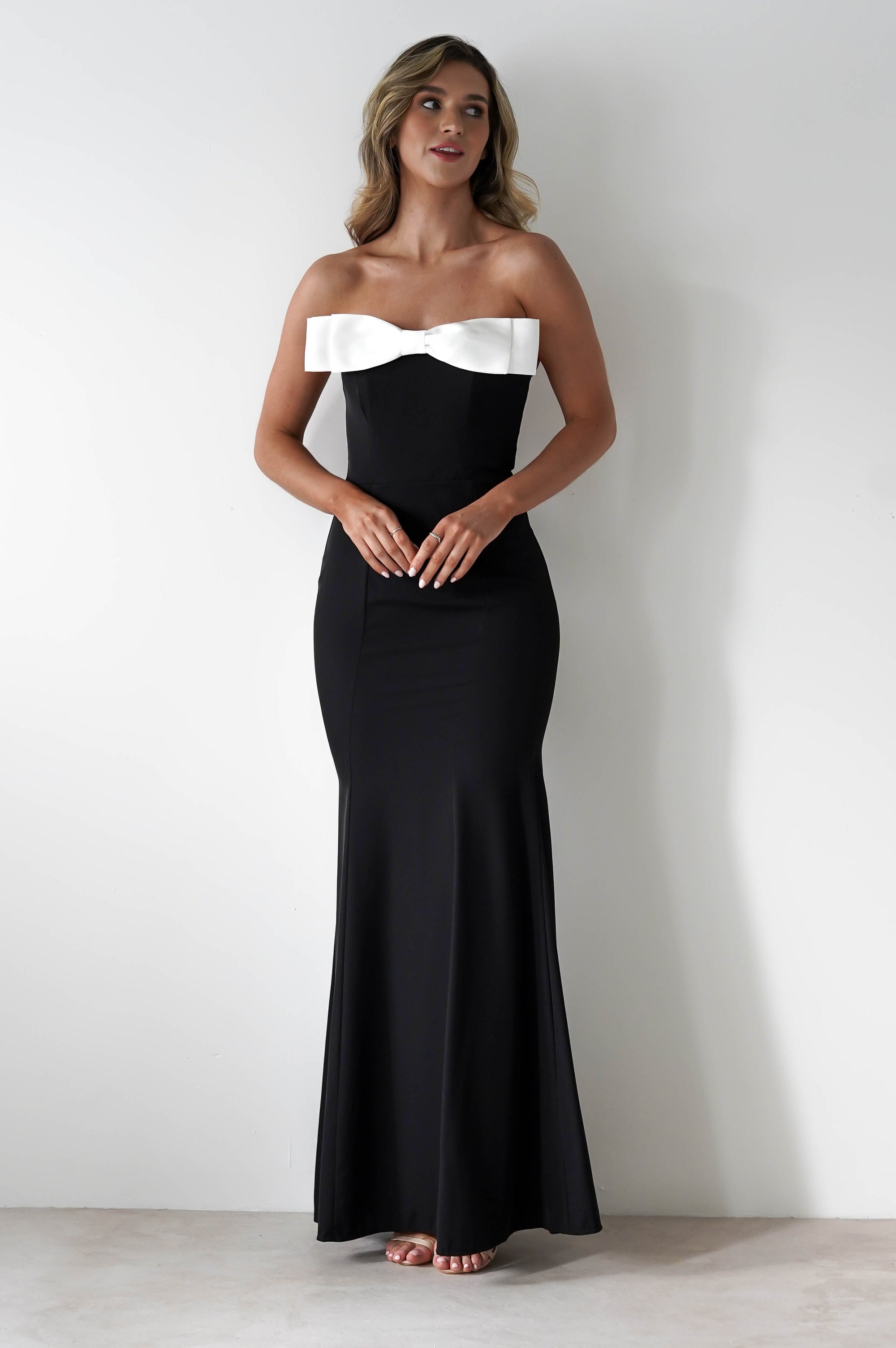 Beckett Strapless Bow Maxi Dress | Black/White - Oh Hello Clothing