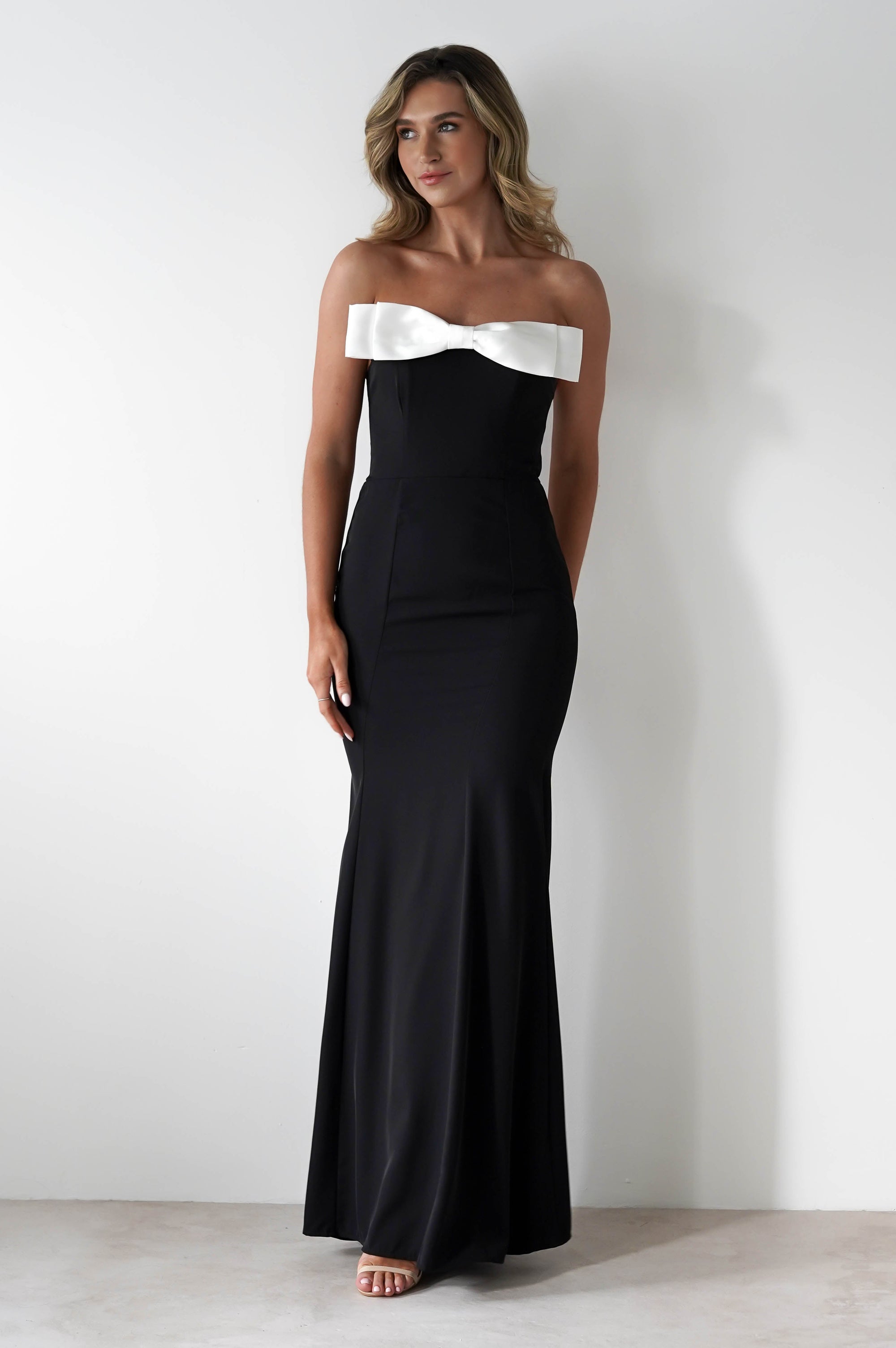 Beckett Strapless Bow Maxi Dress | Black/White | Oh Hello Clothing | S (8)