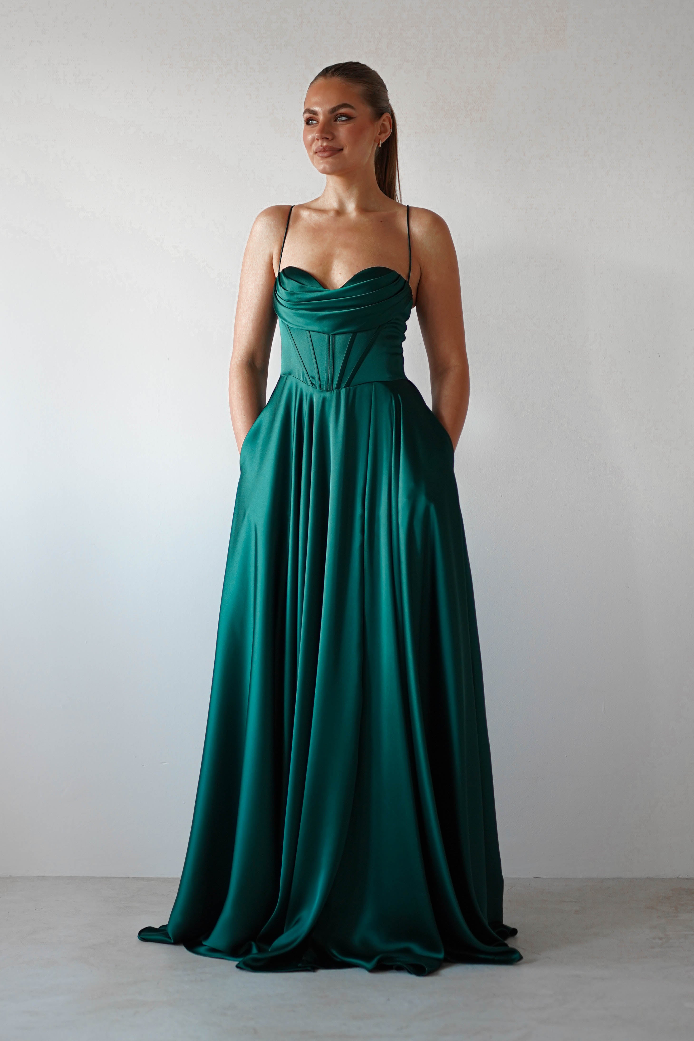Bella Luxe Aline Satin Gown | Emerald