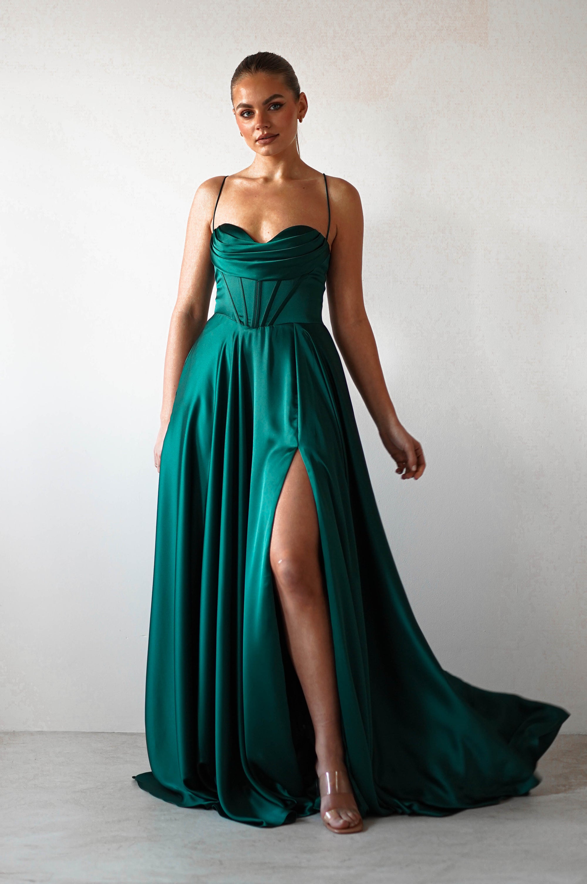 Bella Luxe Aline Satin Gown | Emerald - Oh Hello Clothing