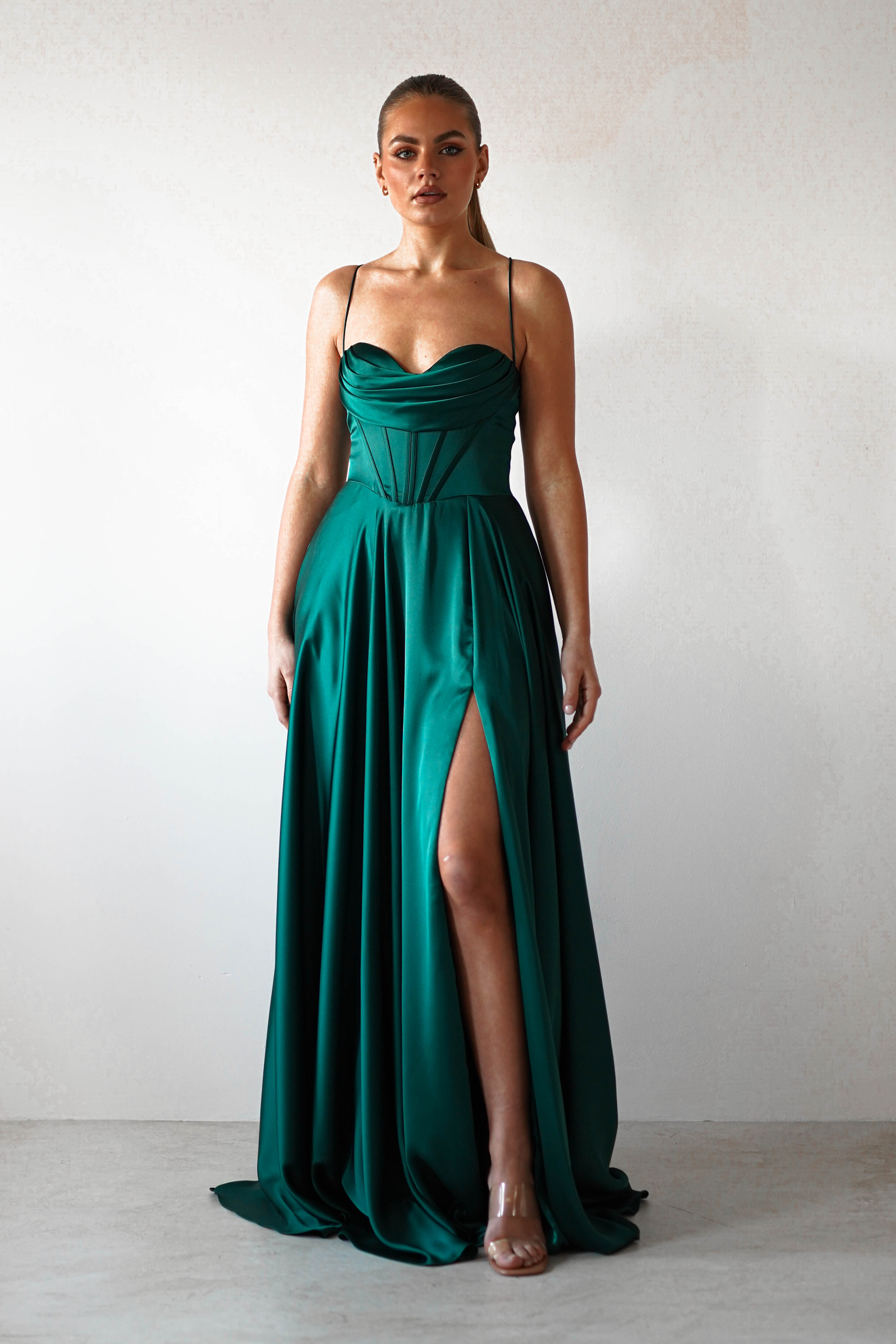 Bella Luxe Aline Satin Gown | Emerald