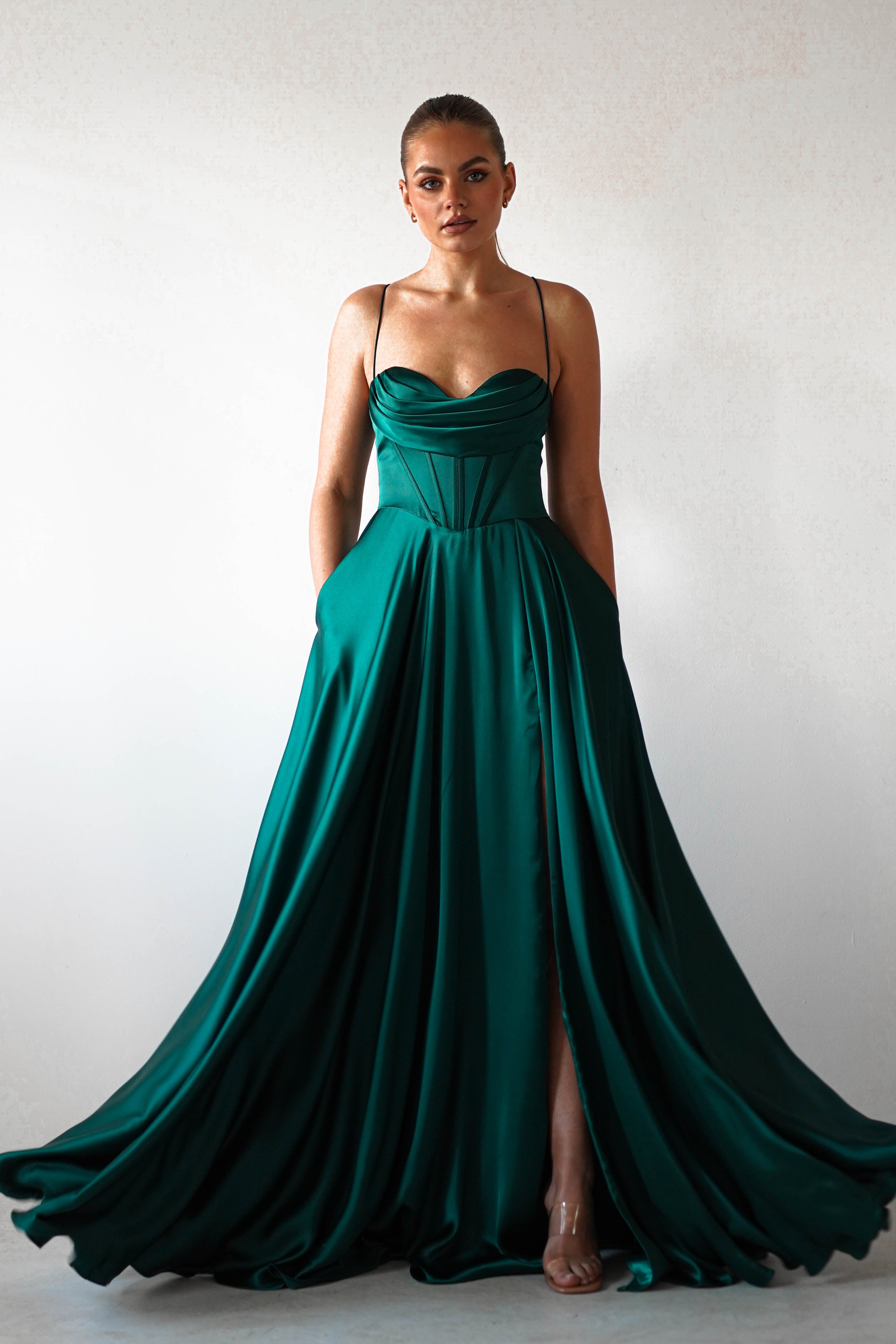 Bella Luxe Aline Satin Gown | Emerald