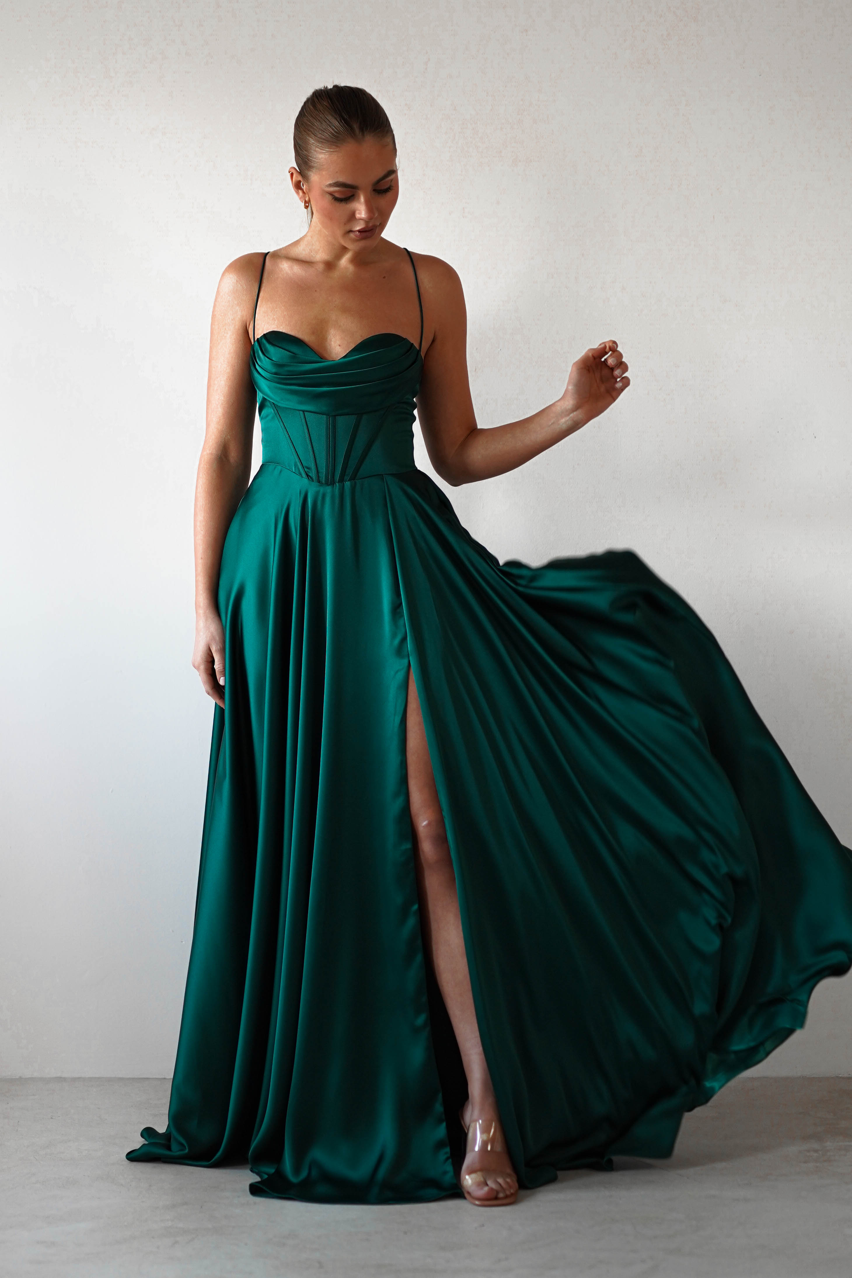 Bella Luxe Aline Satin Gown | Emerald